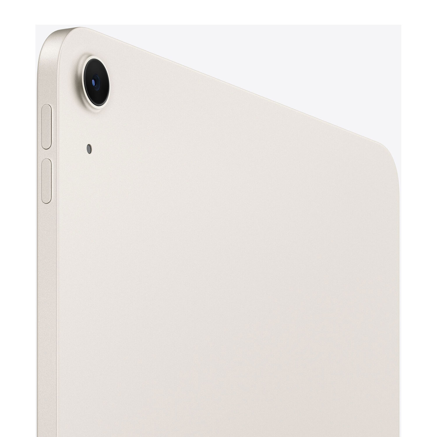 Nahaufnahme der Rückseite eines hellbeigen Tablets mit Kameralinse und Tasten.