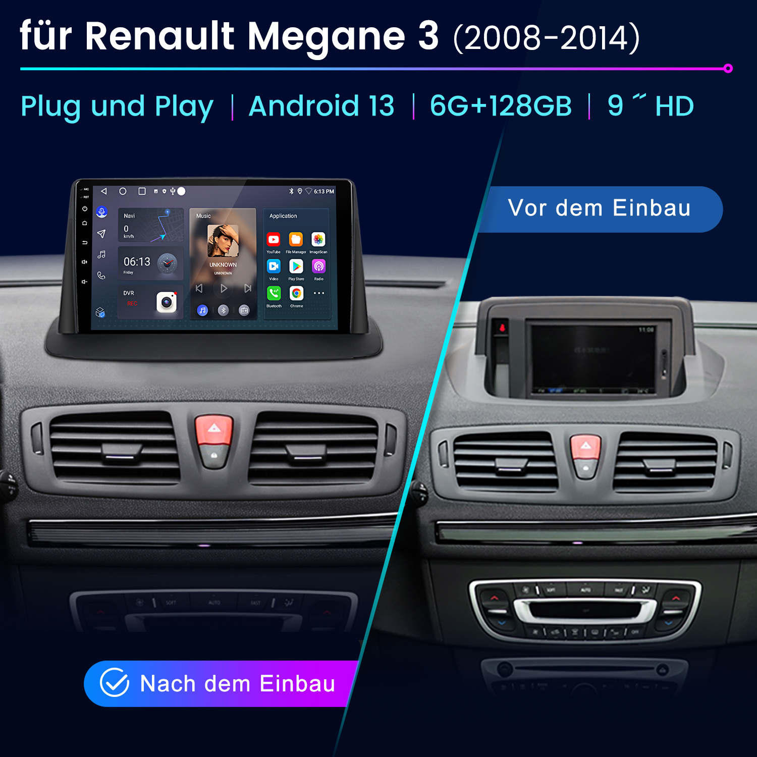 Vergleich eines Autoradios vor und nach dem Einbau in einen Renault Megane 3.