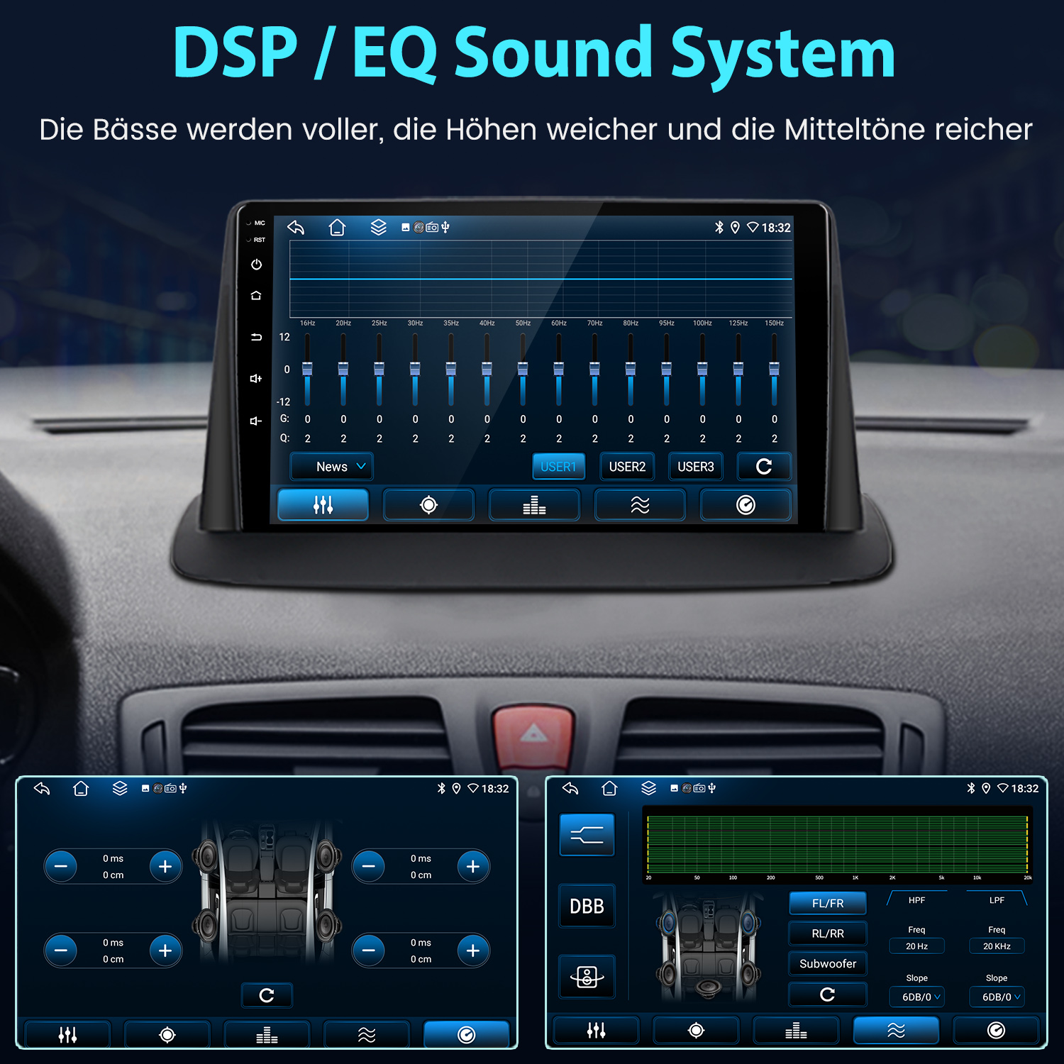 Ein Autoradio-Display zeigt EQ-Einstellungen und Lautsprecherkonfigurationen.