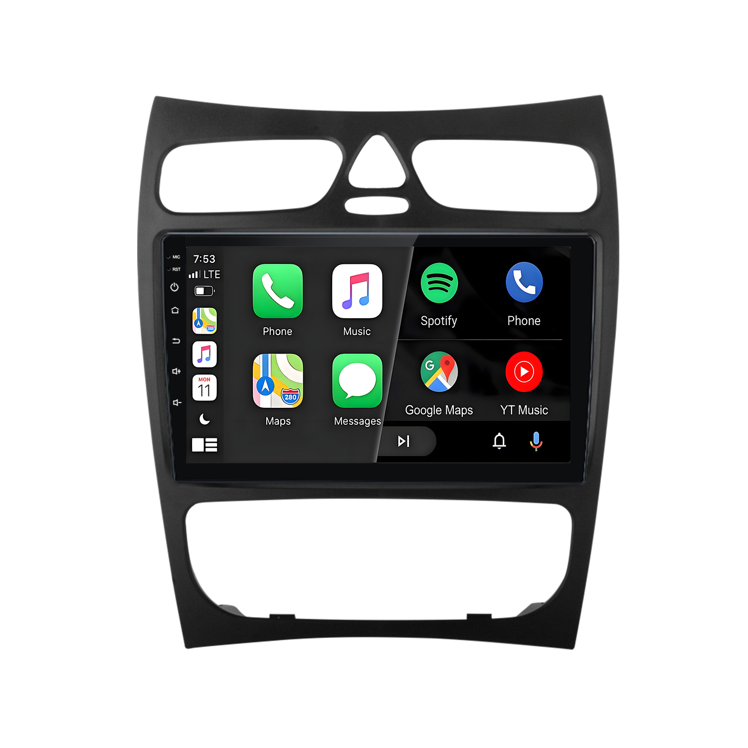 Ein Auto-Infotainment-System mit Smartphone-Apps wie Telefon, Musik, Maps und Spotify.