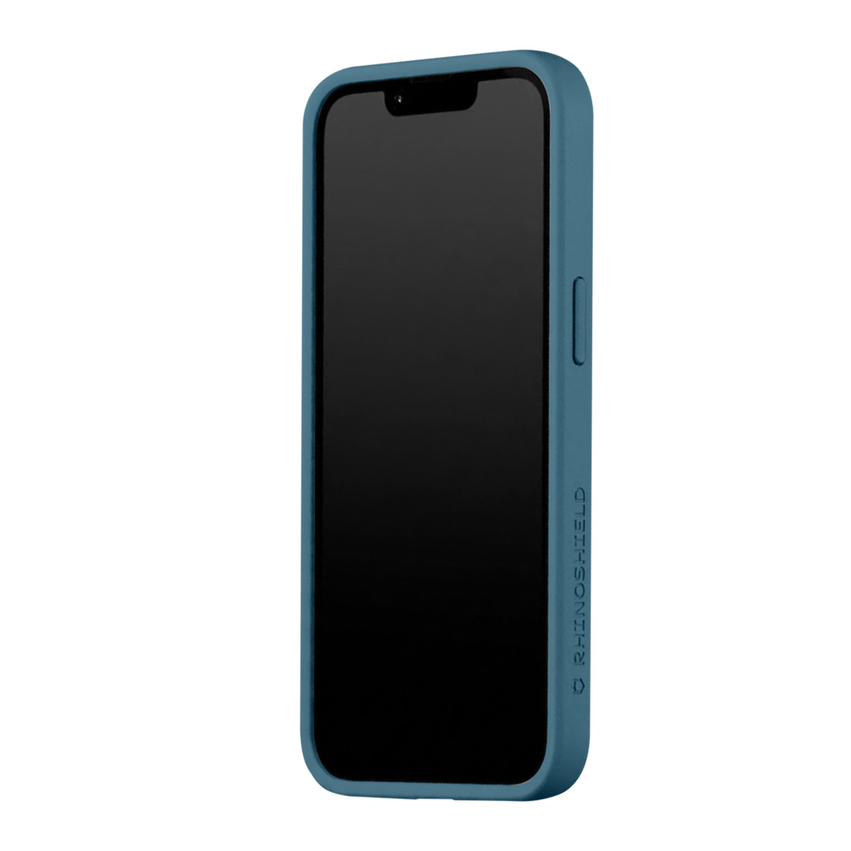Un téléphone bleu avec écran sombre et coque bleue. Il porte le nom de la marque.