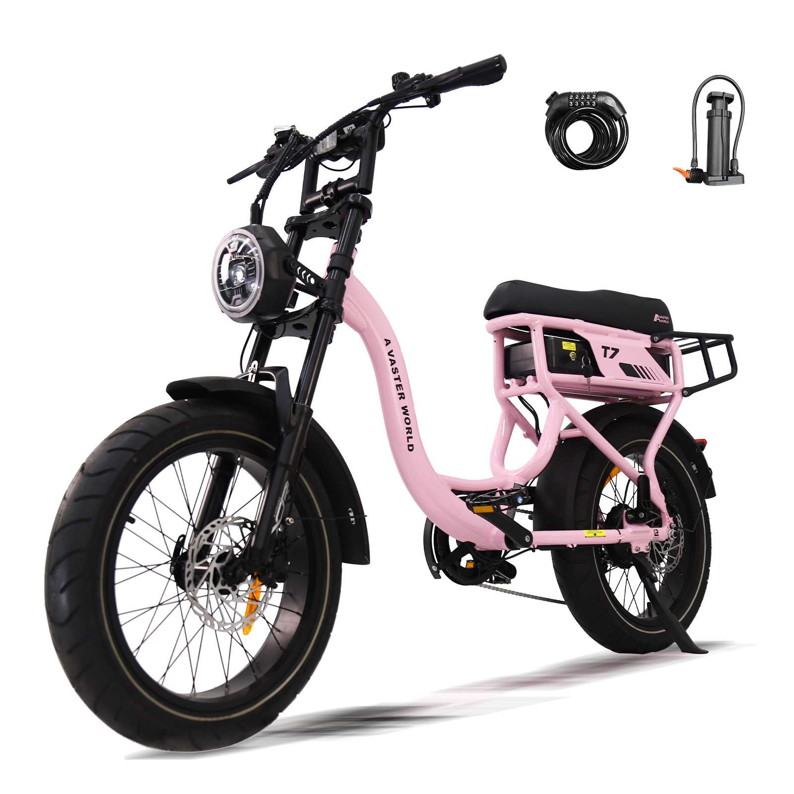 Różowy rower elektryczny z czarnymi akcentami, okrągłym światłem i grubymi oponami.