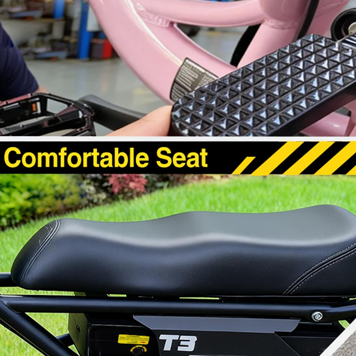 Zbliżenie czarnego siodełka rowerowego ze szwami, na zewnątrz na zielonym trawniku.