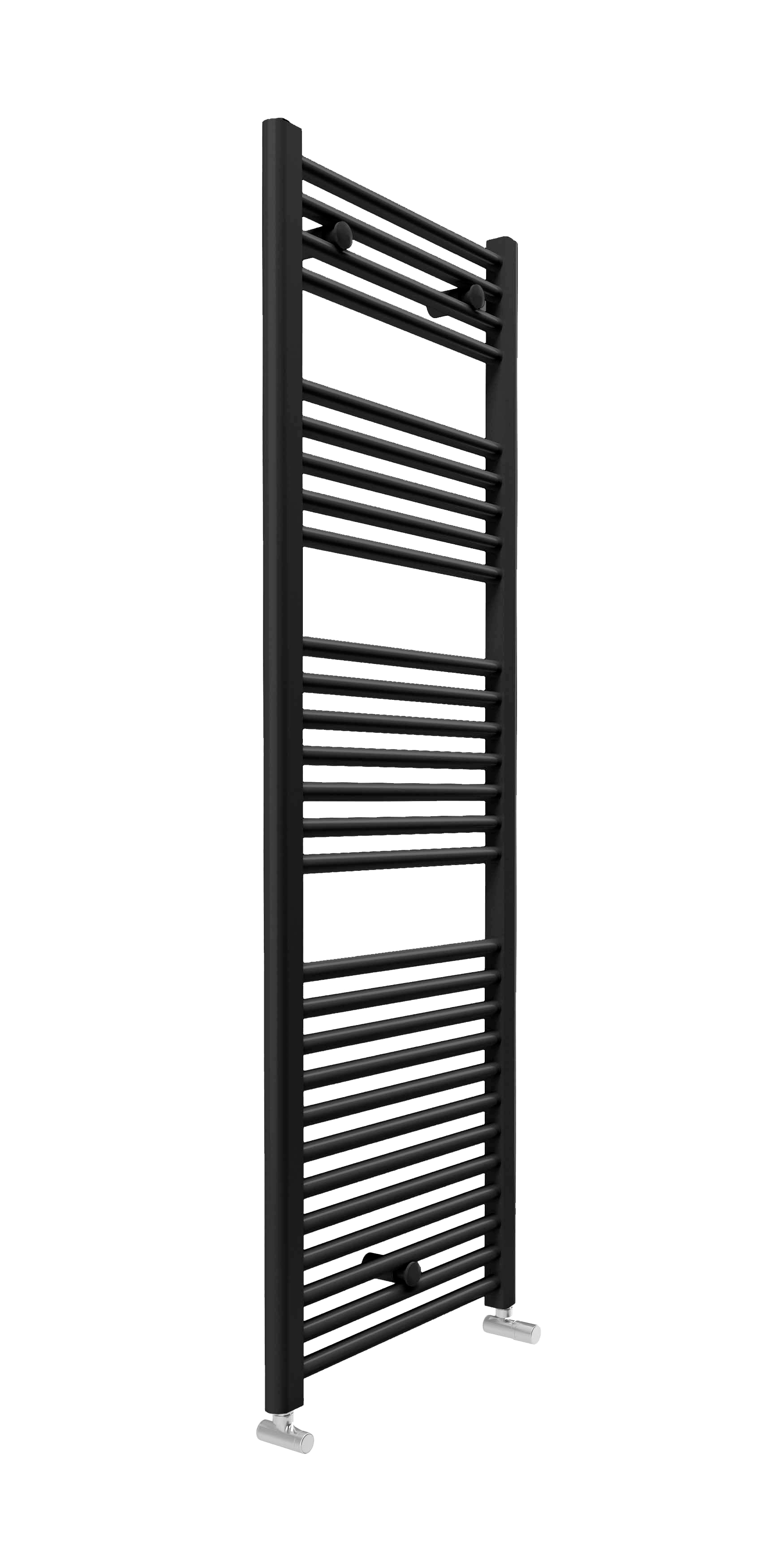 Un radiador negro con muchos tubos horizontales y válvulas plateadas.