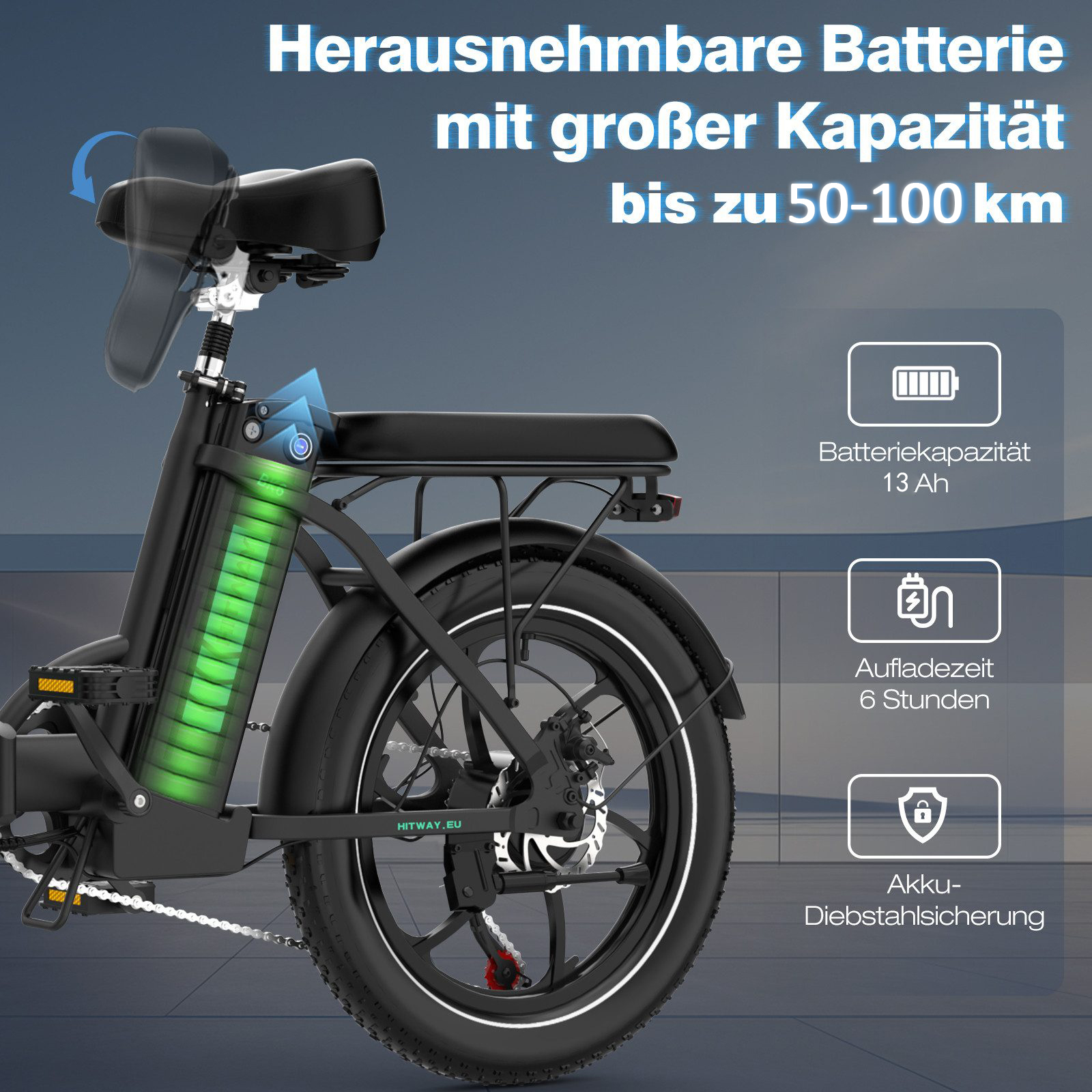 Schwarzes E-Bike mit herausnehmbarer Batterie, 13 Ah, 6h Ladezeit.