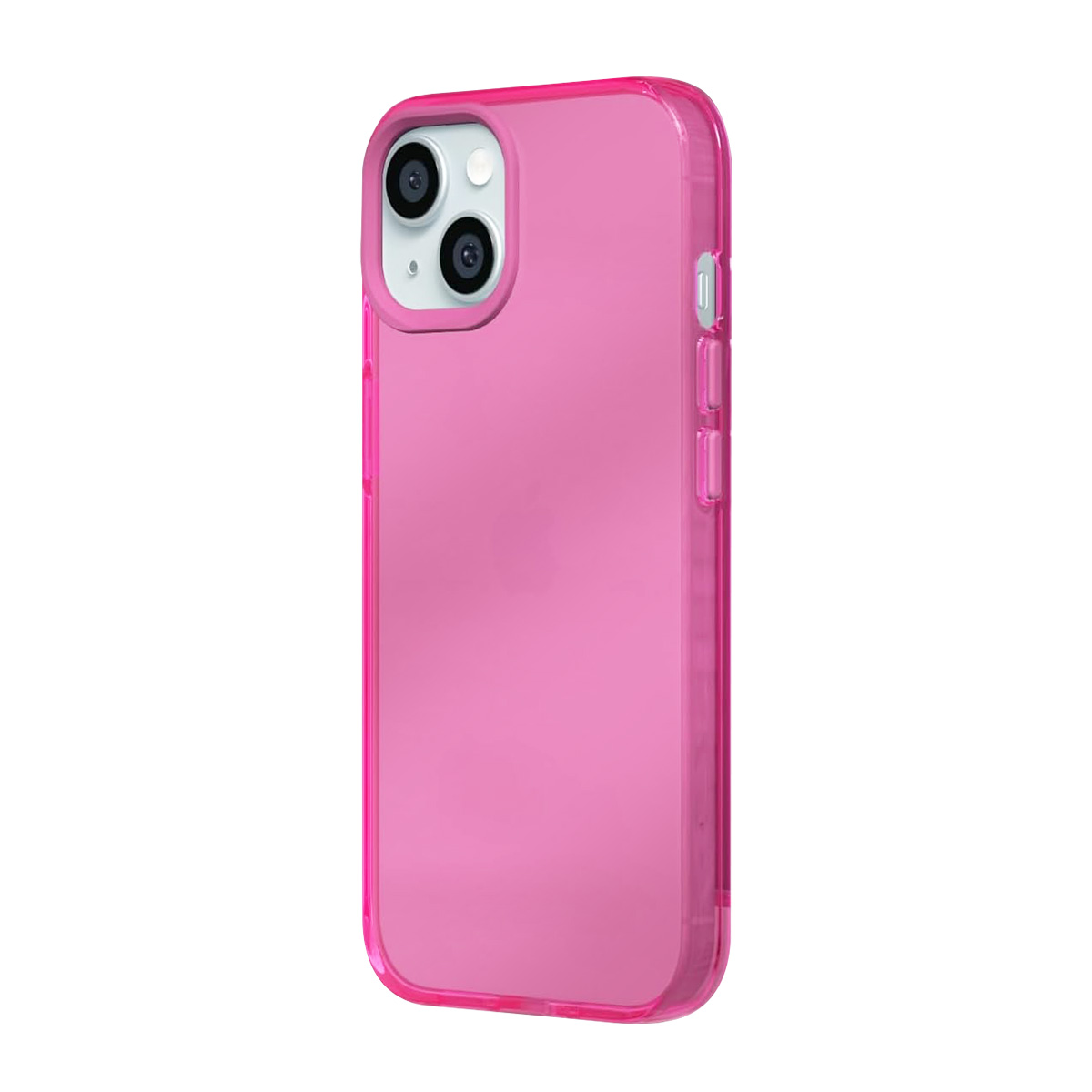 Een doorschijnende roze telefoonhoes met camera-uitsparing op witte achtergrond.
