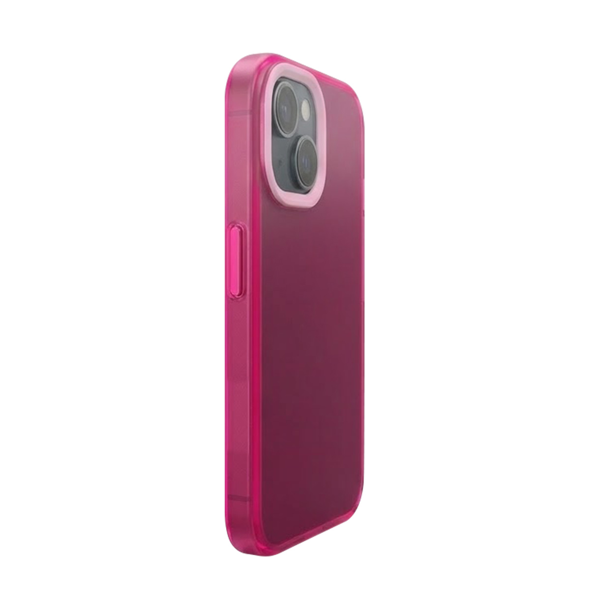 Een transparante roze telefoonhoes met camera-uitsparing en zijknop.