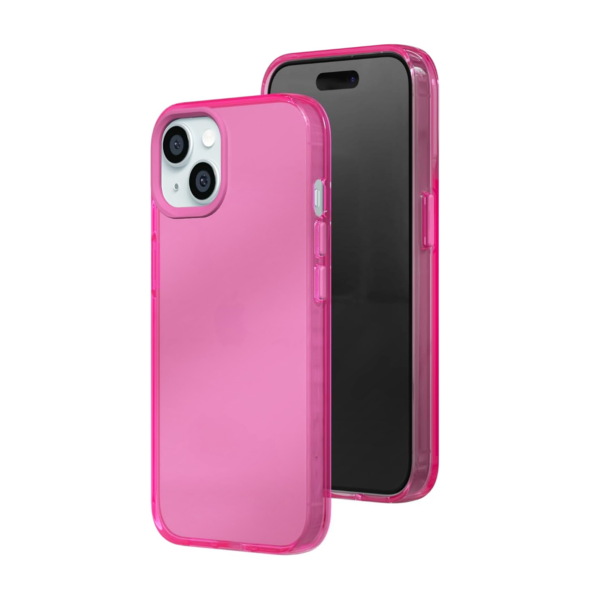 Een doorschijnende roze iPhone hoes naast een zwarte iPhone.