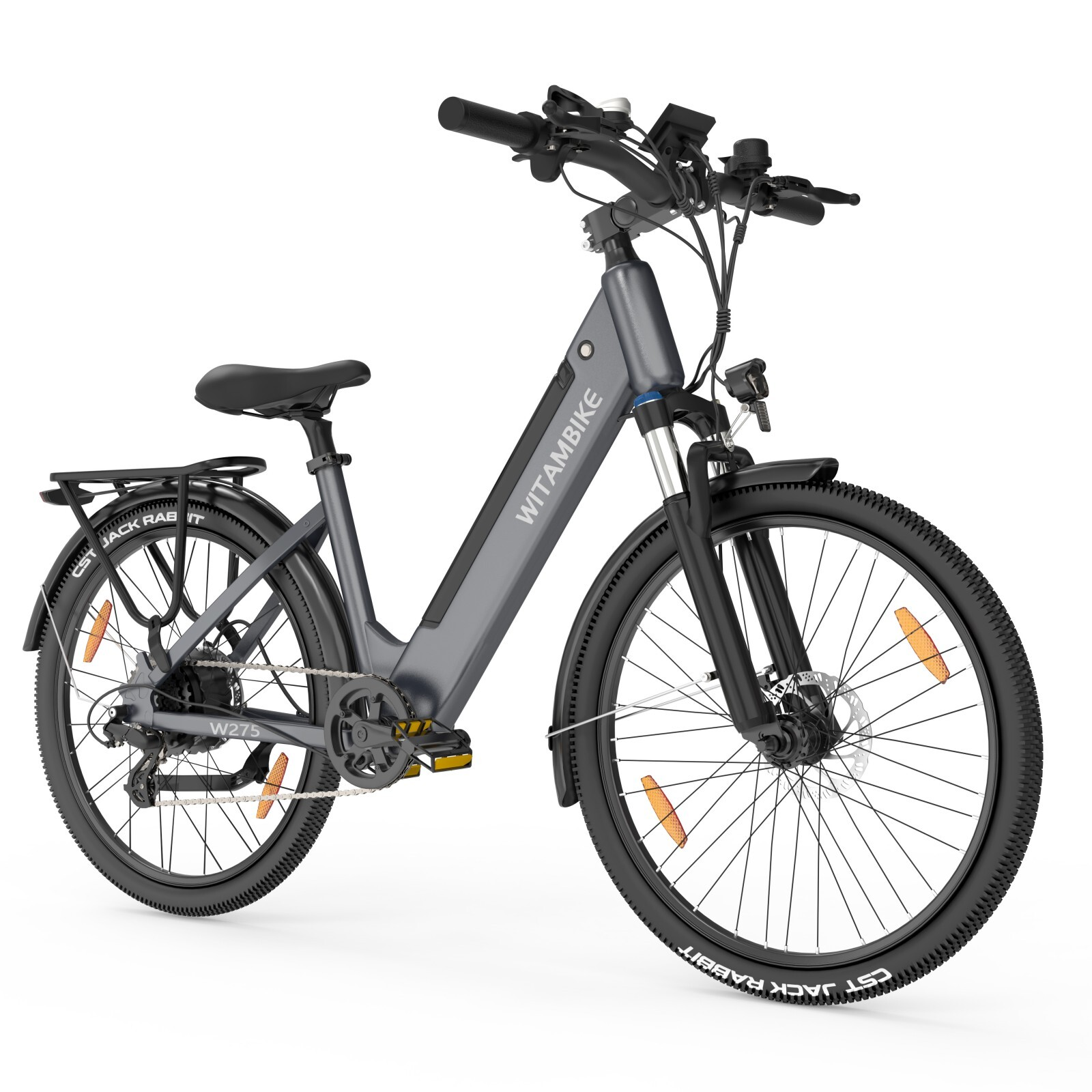 Szary rower elektryczny z czarnymi oponami, amortyzowanym widelcem i bagażnikiem.