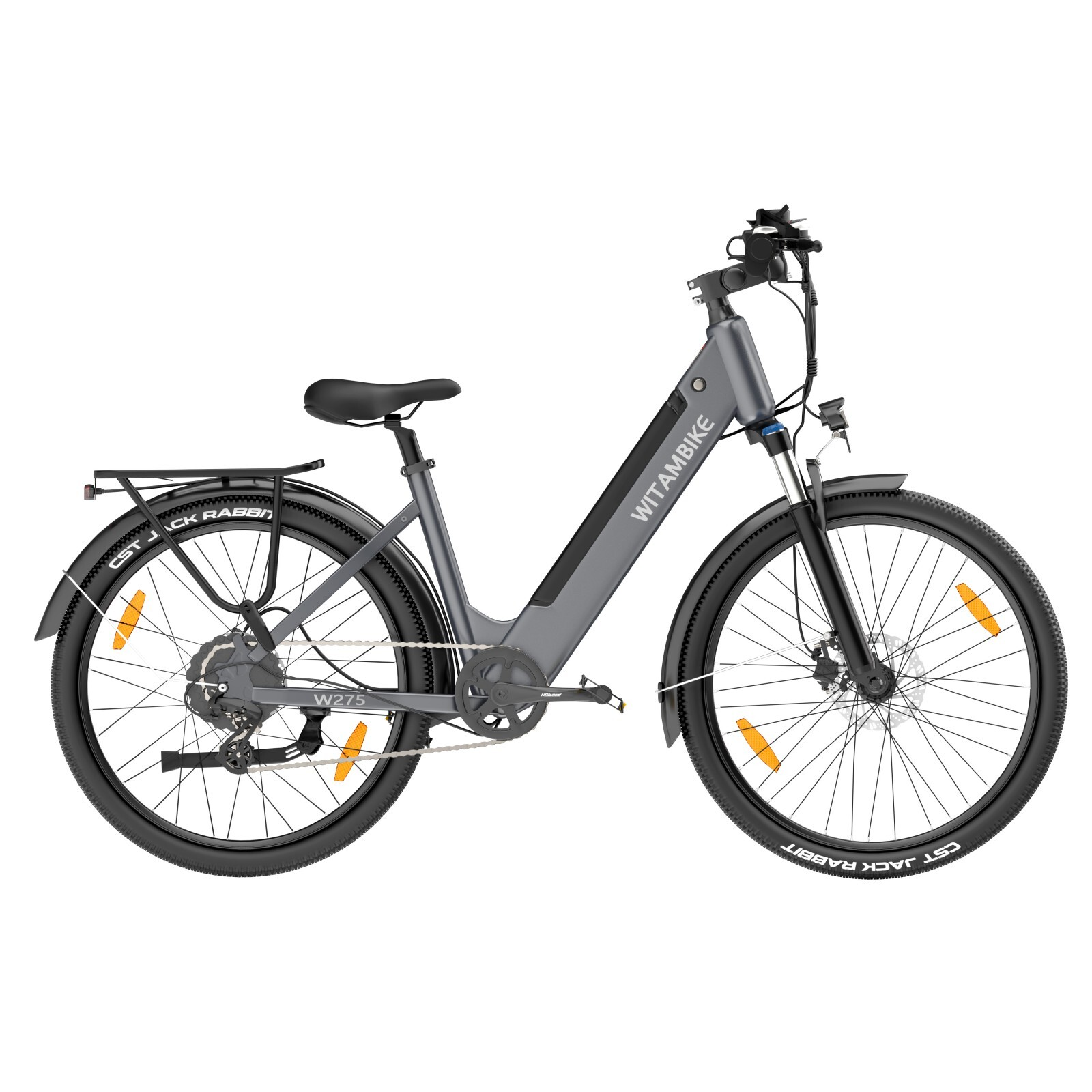 Szary rower elektryczny z bagażnikiem, niskim przekrokiem i oponami CST Jack Rabbit.