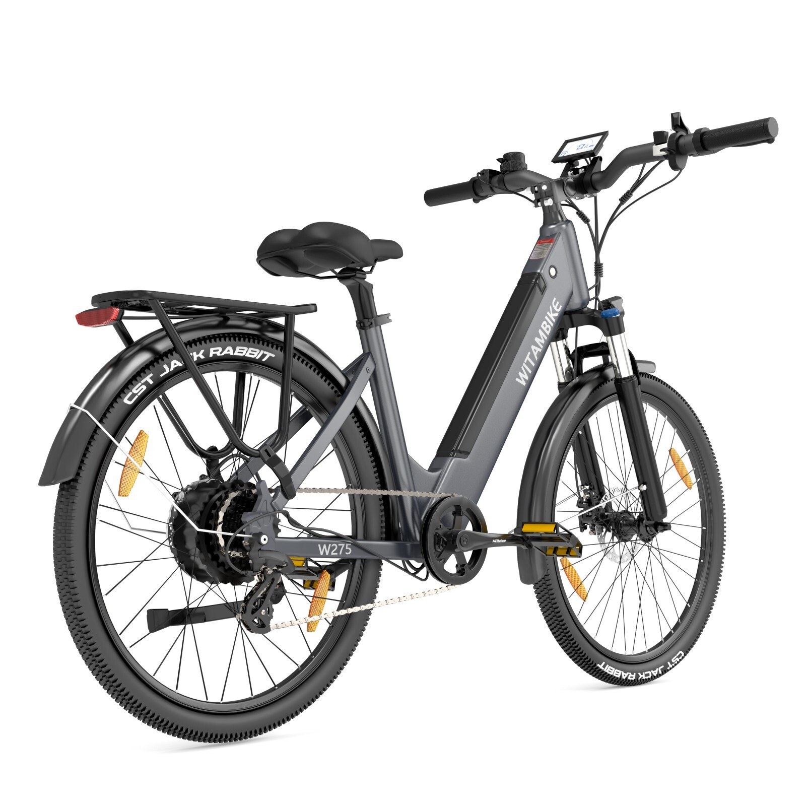 Szary rower elektryczny z bagażnikiem, błotnikami i wyświetlaczem.