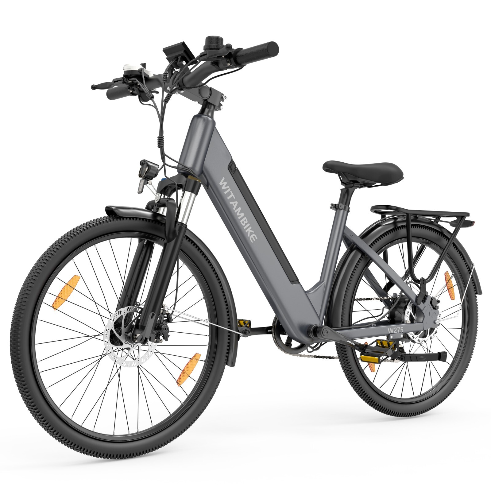 Szary rower elektryczny z czarnymi oponami, bagażnikiem i srebrnymi akcentami.