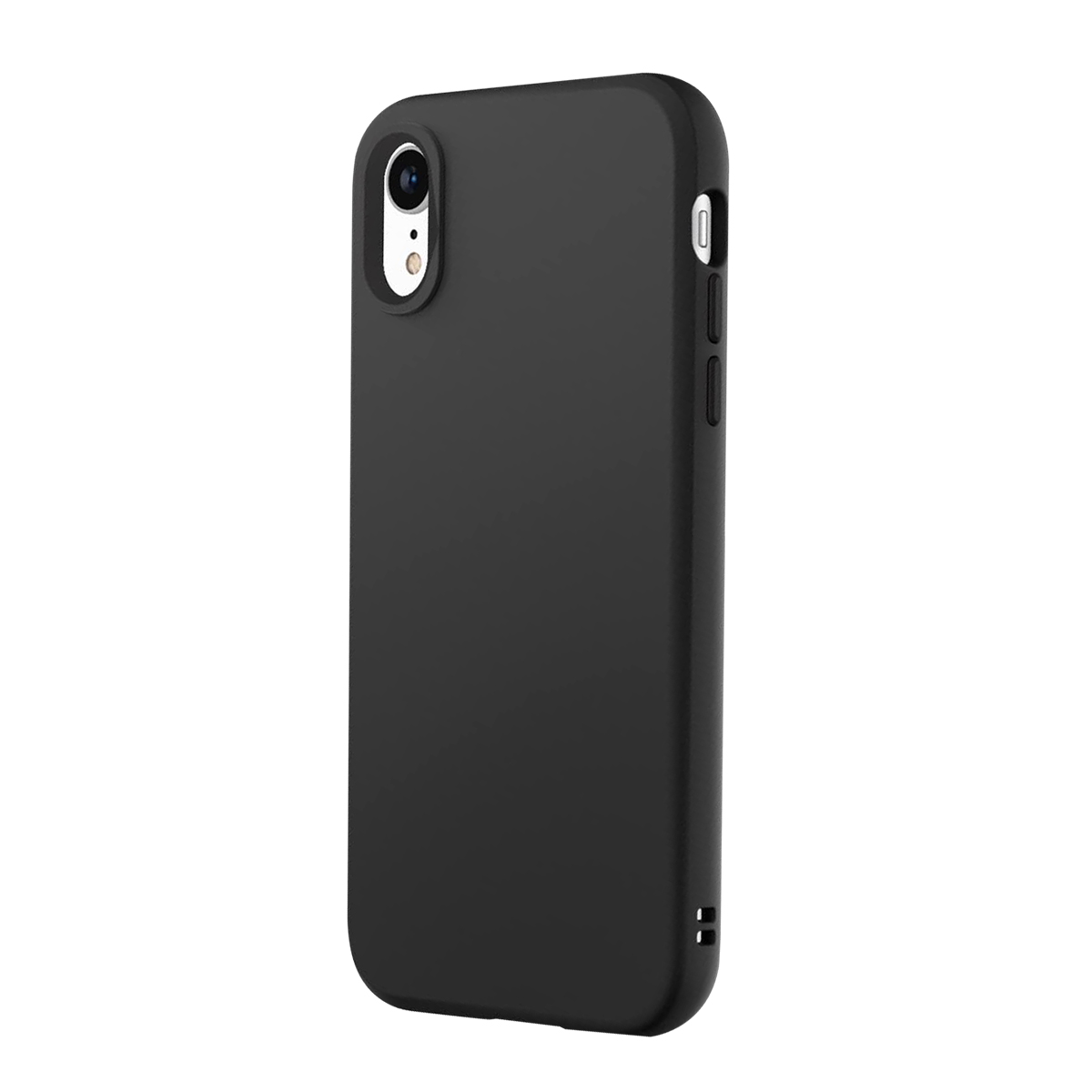 Custodia nera per telefono con ritaglio fotocamera e pulsanti laterali.