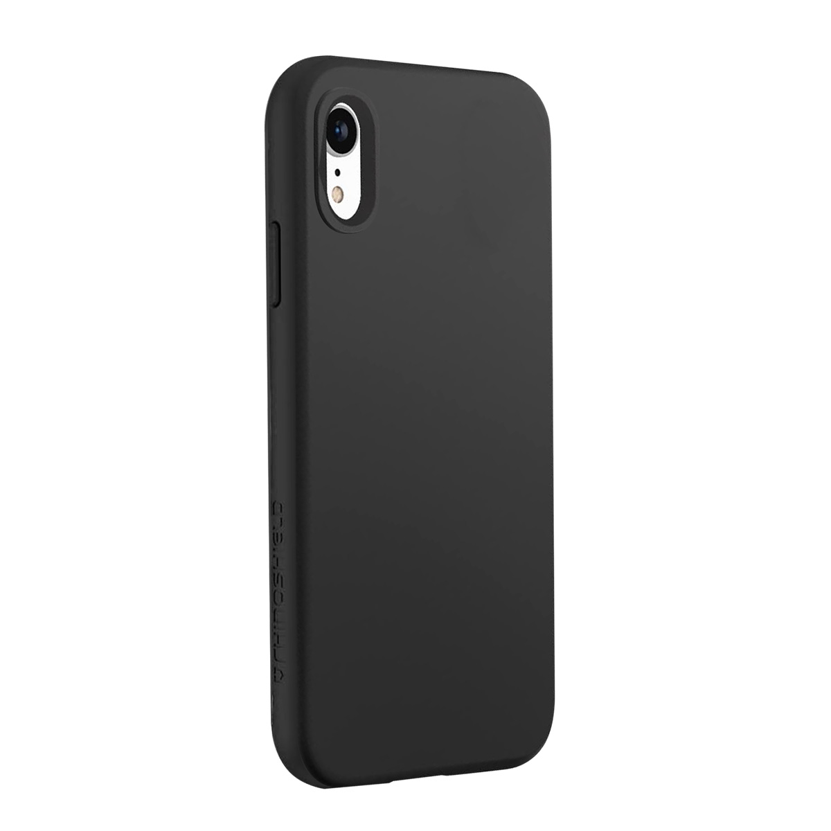 Custodia nera per telefono con ritaglio fotocamera, su sfondo bianco.