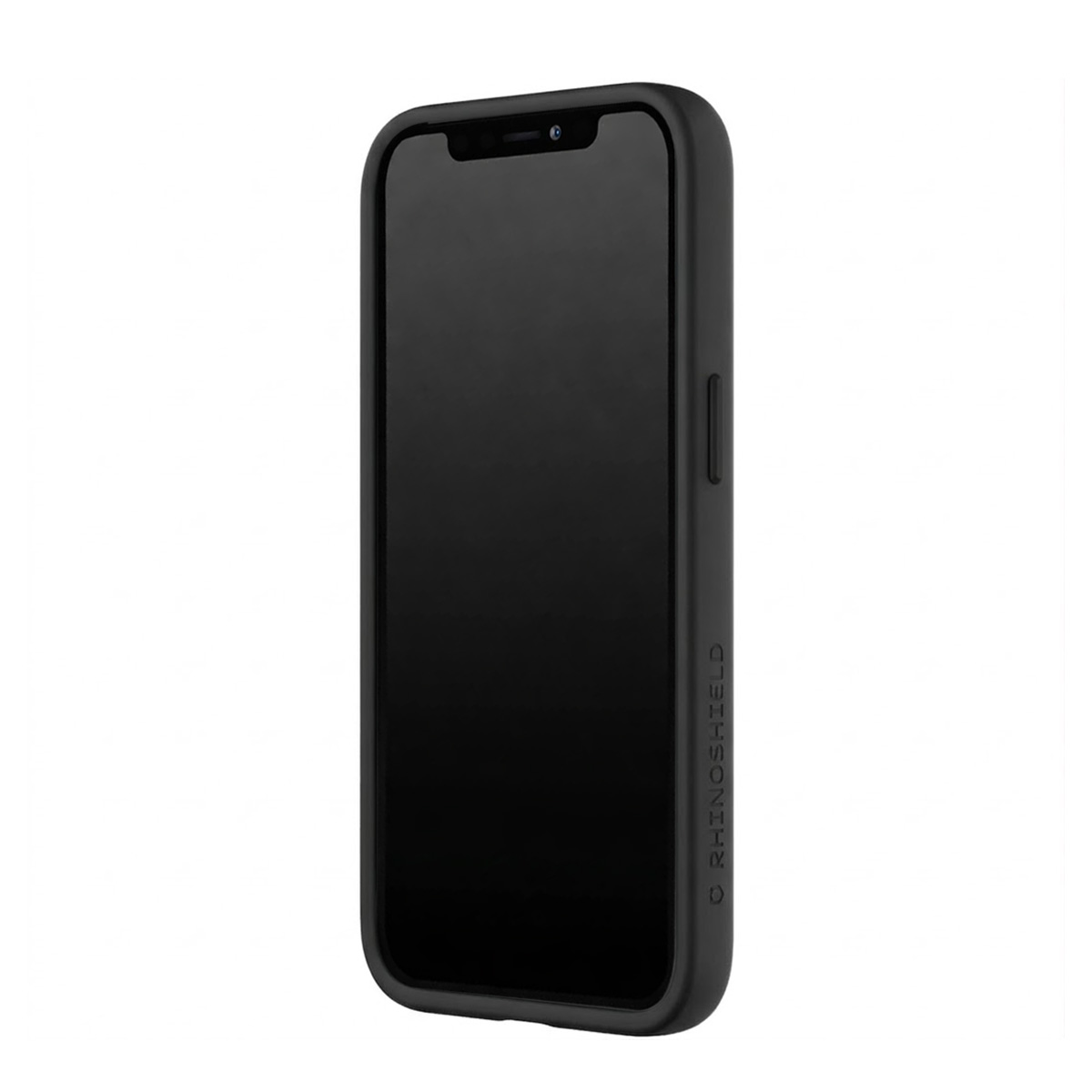 Custodia nera per telefono con logo RHINOSHIELD sul lato.