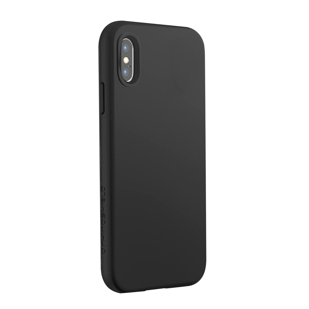 Coque de téléphone noire avec découpe caméra sur fond blanc.