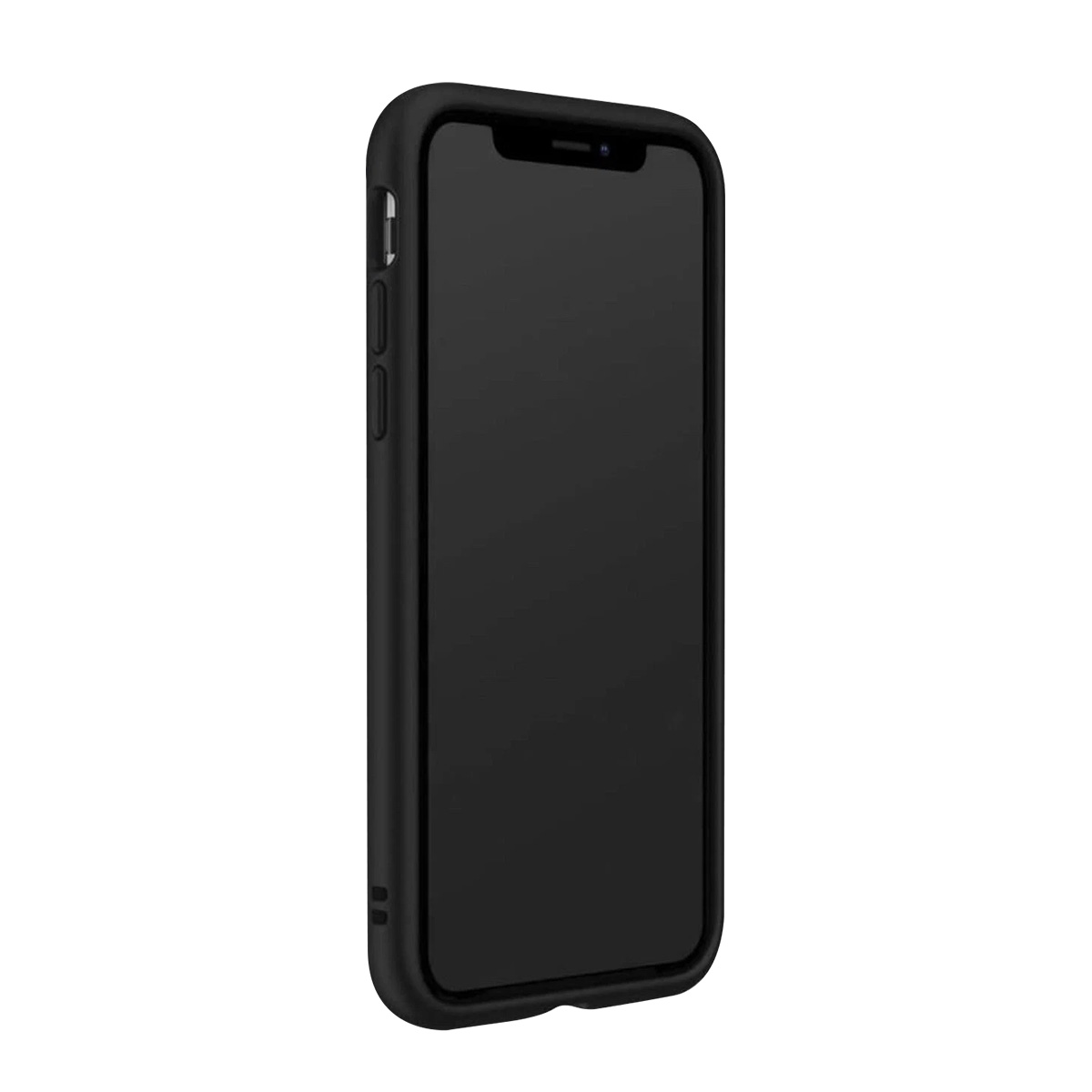 Un smartphone noir avec un étui noir sur fond blanc.
