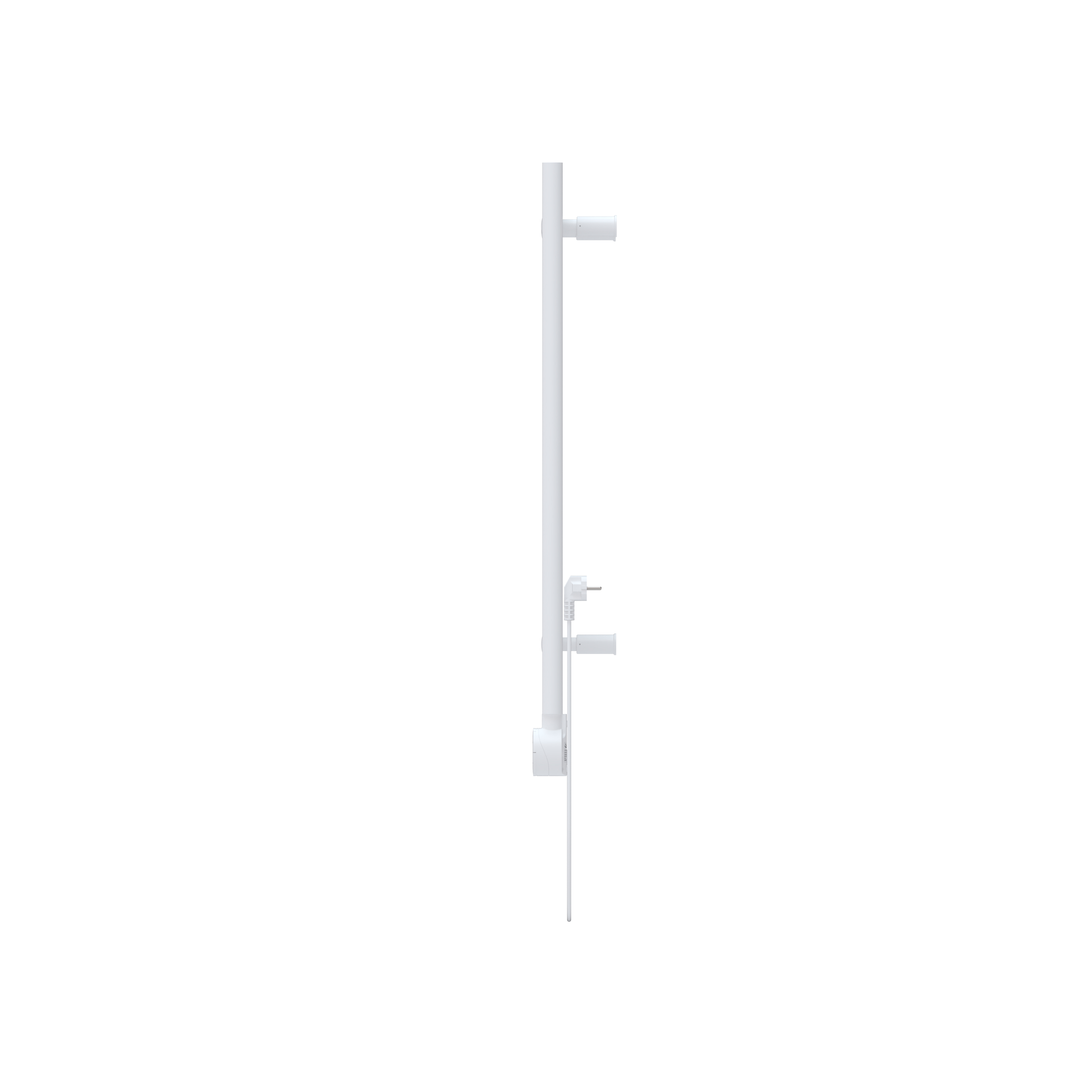 Un enchufe y una toma blancos están unidos a una tubería vertical blanca.