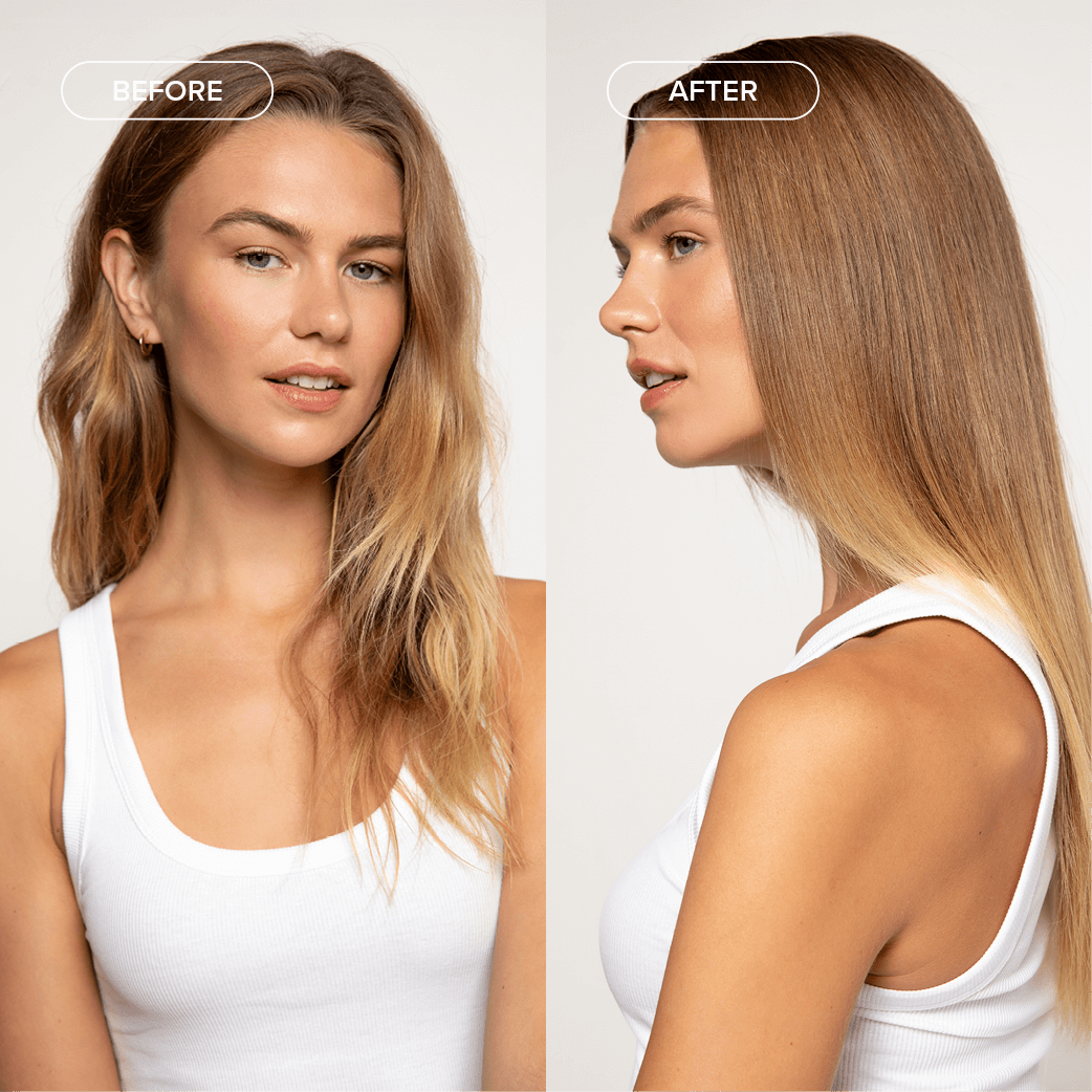 Before and after split screen of woman with wavy and straight hair.