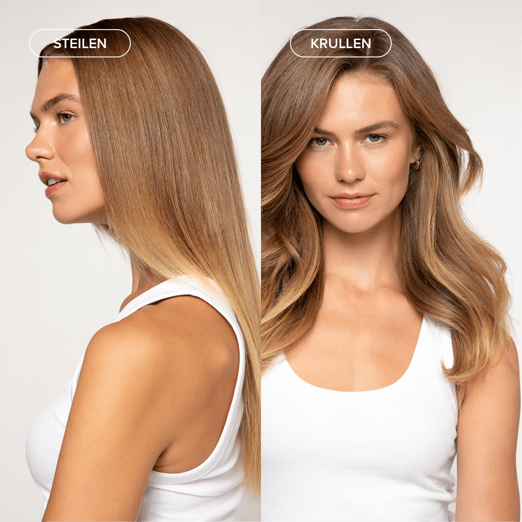Before: straight hair, after: curly hair, woman wears white tank top.