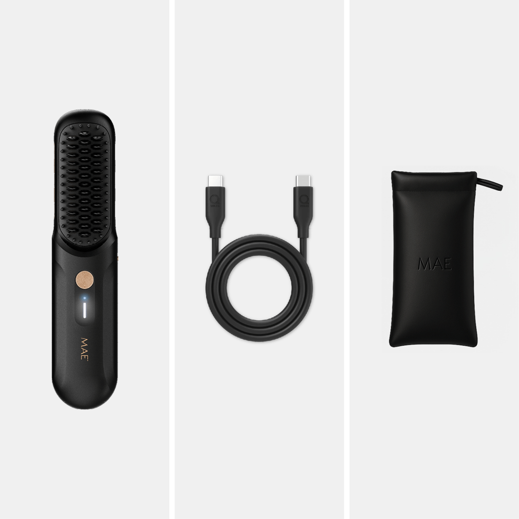 Black straightening comb with USB-C cable and pouch.