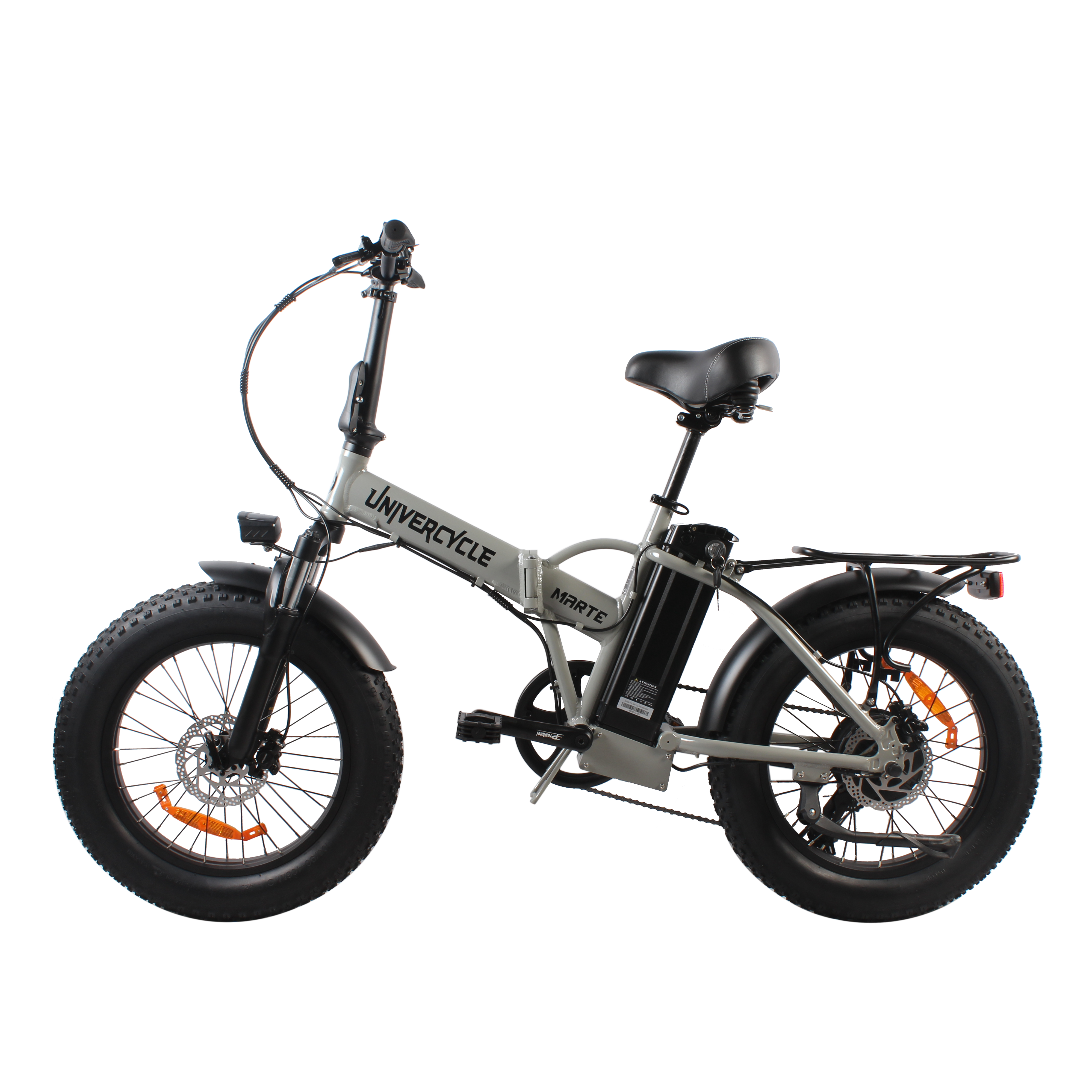 Ein graues, faltbares Elektrofahrrad mit dicken Reifen und schwarzem Sattel.