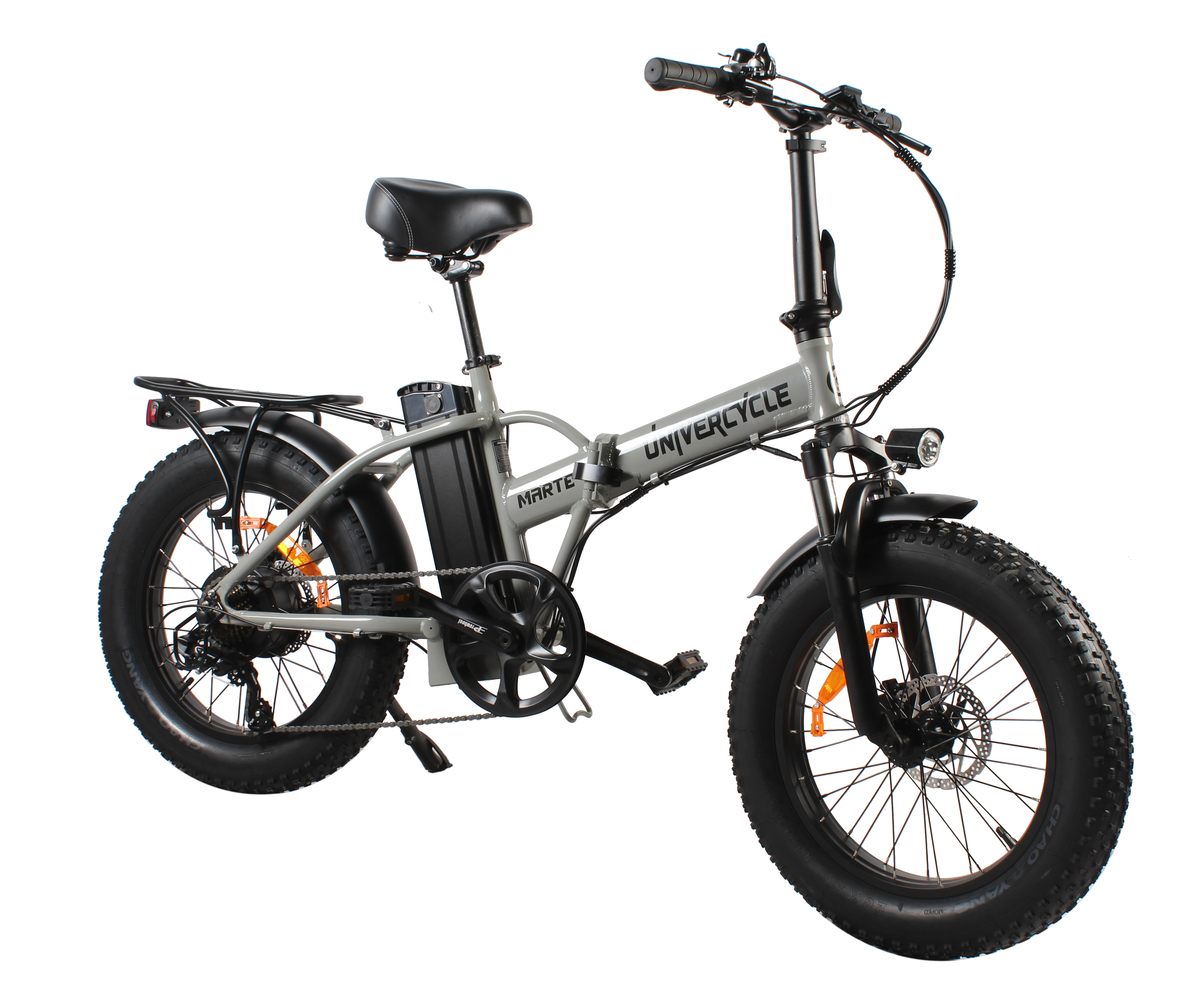 Graues Klapprad mit dicken Reifen, Gepäckträger und schwarzem Sattel.
