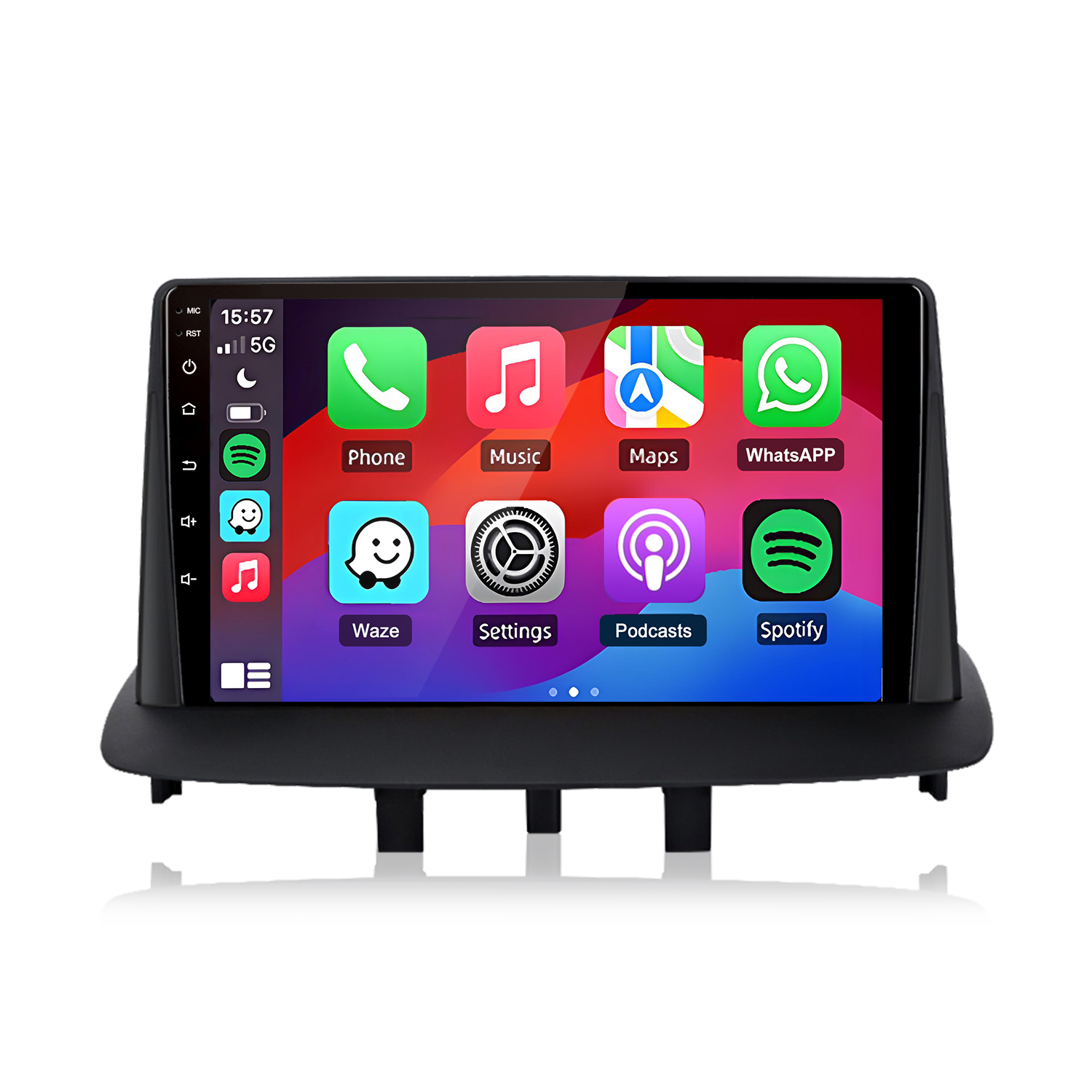 Auto-Infotainment-Bildschirm zeigt Telefon, Musik, Karten, WhatsApp, Waze, Einstellungen, Podcasts, Spotify.