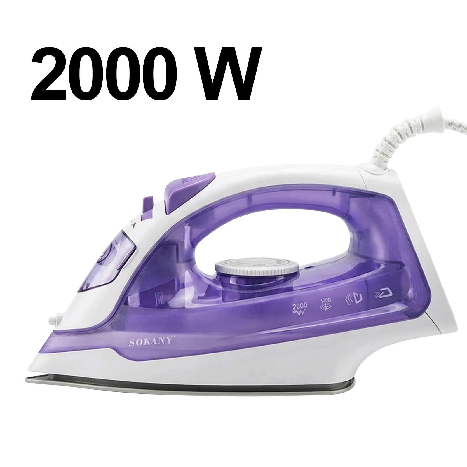 Ein lila und weißer Sokany 2000W Dampfbügeleisen auf weißem Hintergrund.