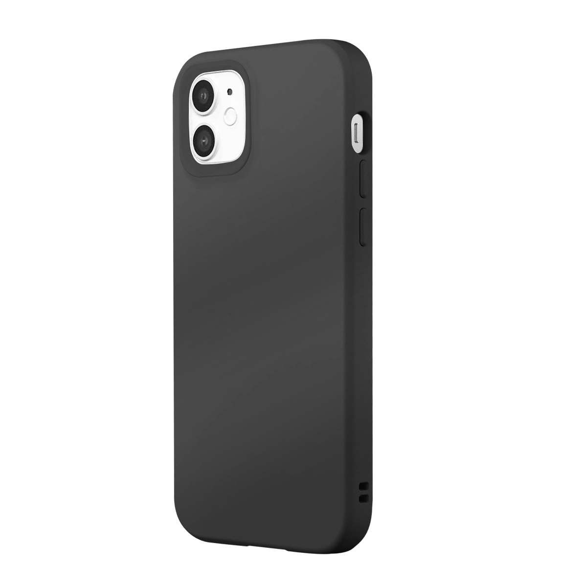Une coque de téléphone noire avec découpe double caméra sur fond blanc.