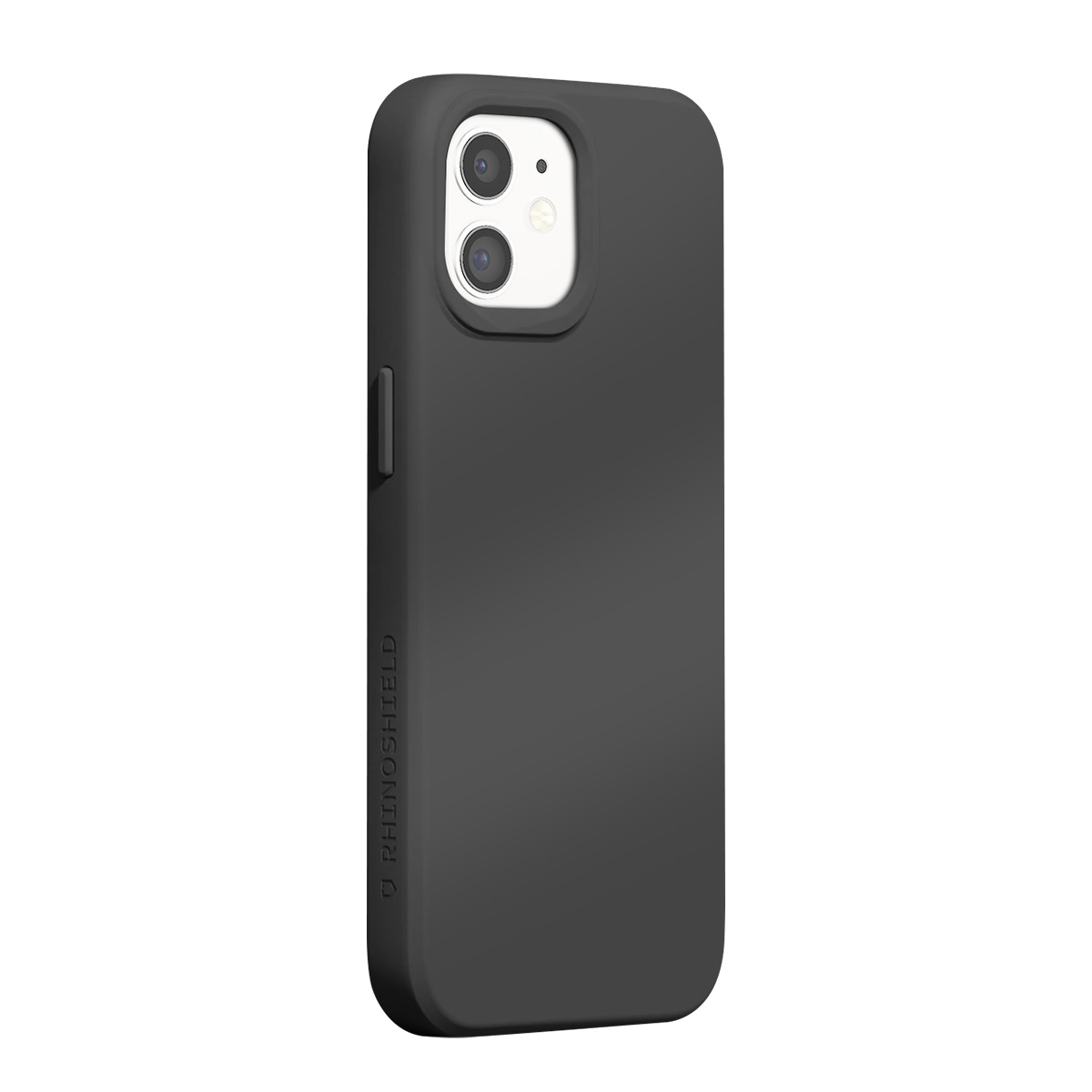 Coque de téléphone noire avec deux caméras sur fond blanc.