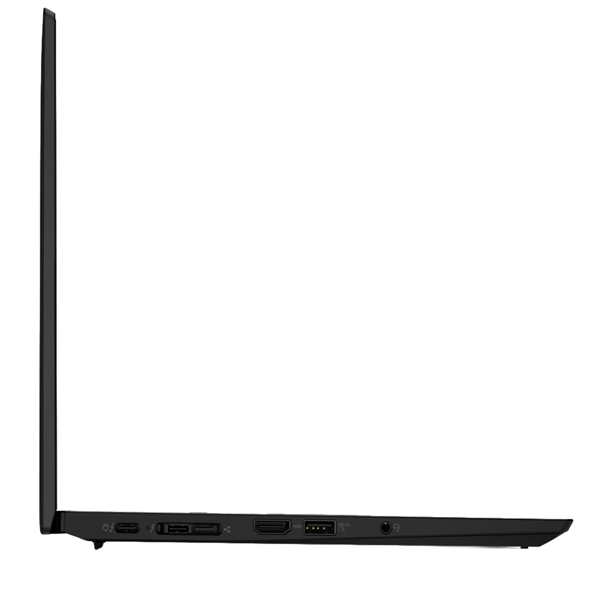 Zijaanzicht zwart laptop met USB-C, HDMI, USB-A poorten en koptelefoonaansluiting.