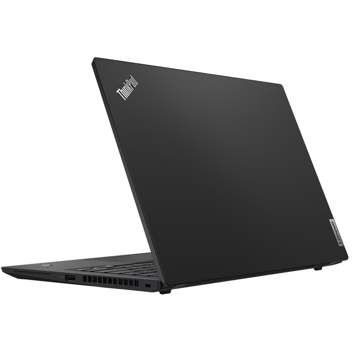 Een zwarte laptop met open deksel, "ThinkPad"-logo zichtbaar.
