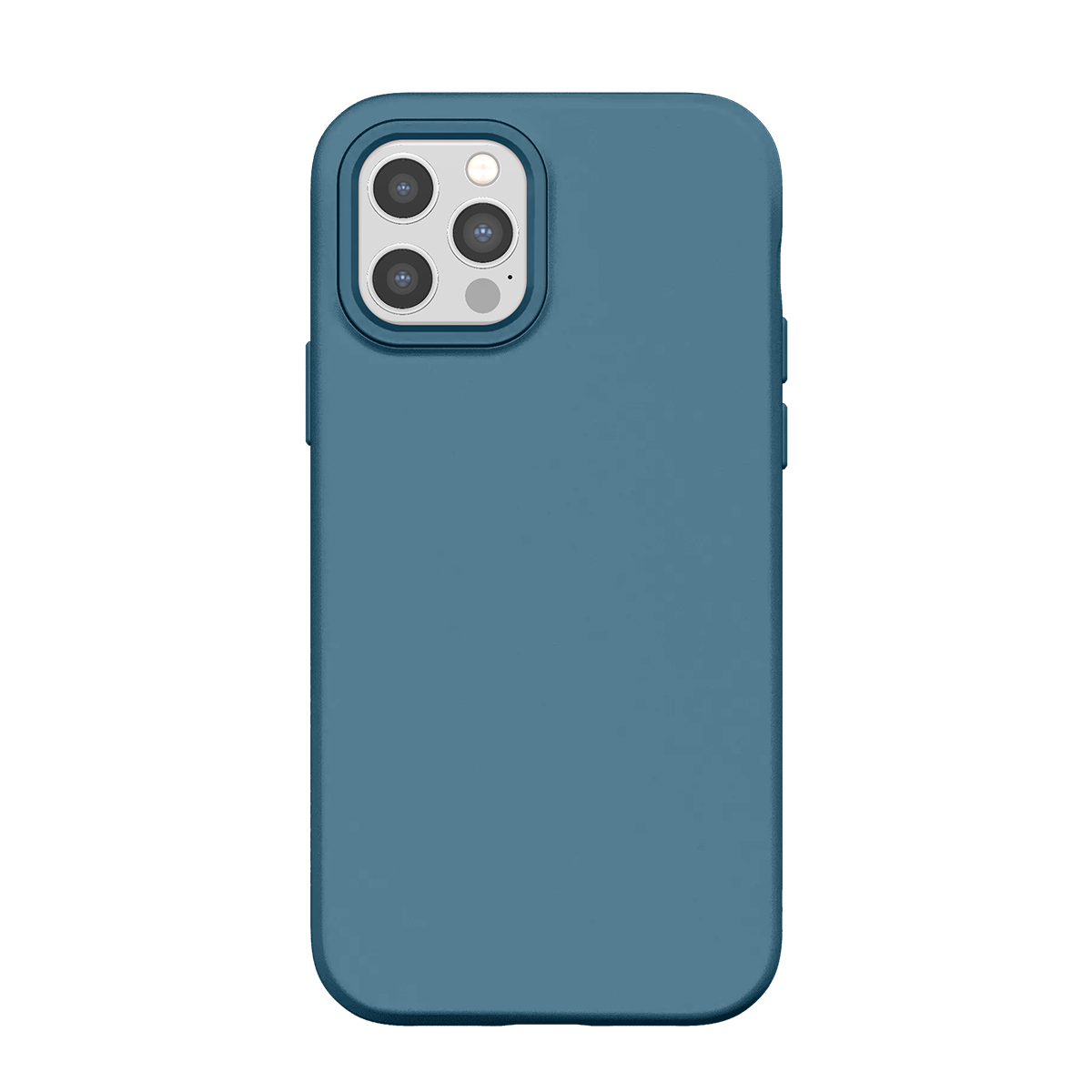 Étui de téléphone bleu avec découpe triple caméra sur fond blanc.