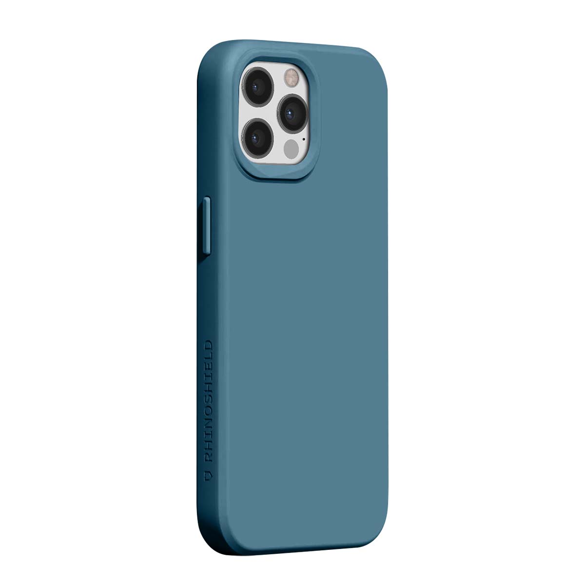 Une coque de téléphone bleue avec découpe caméra est présentée sur fond blanc.