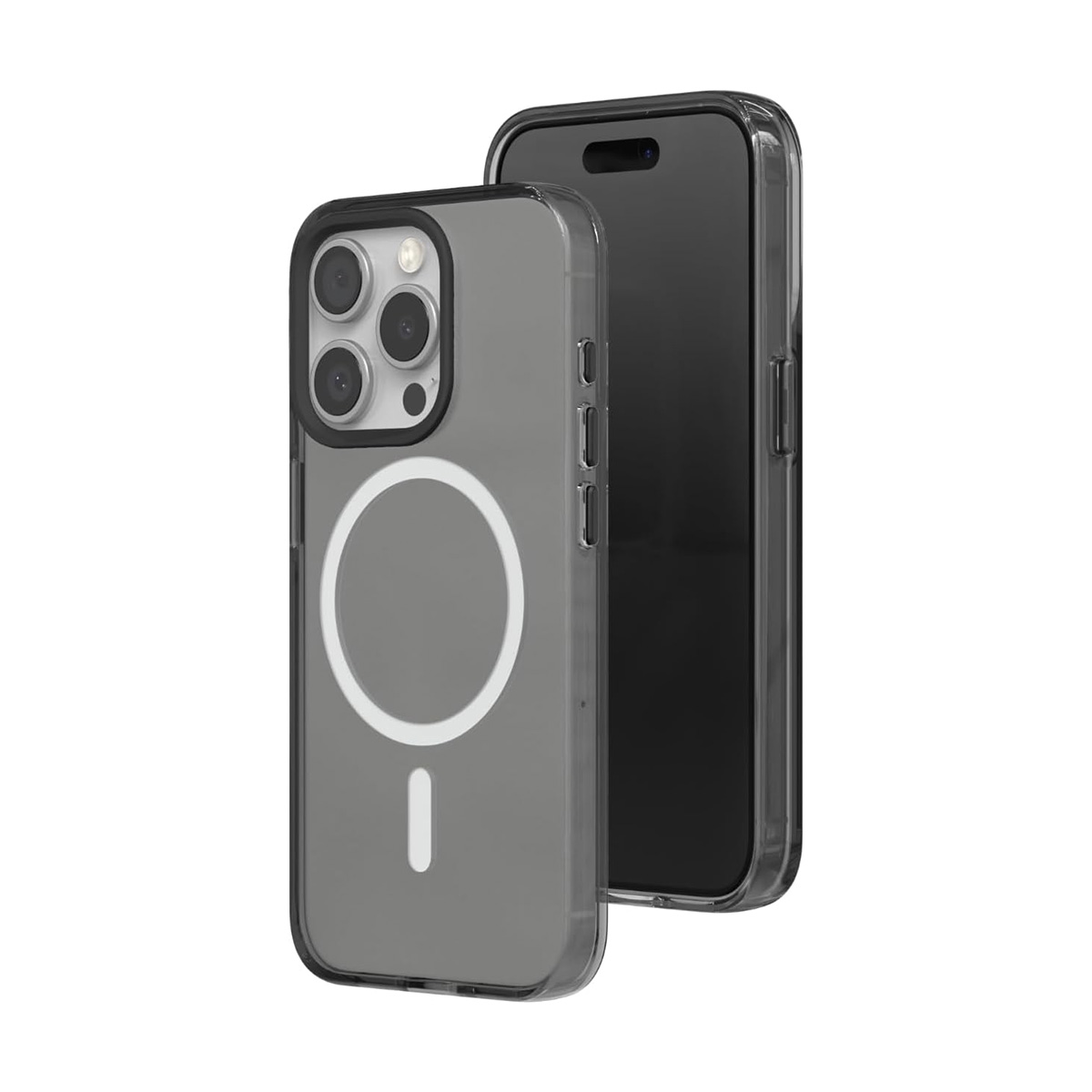 Een transparante telefoonhoes met een magsafe ring en een telefoon erachter.