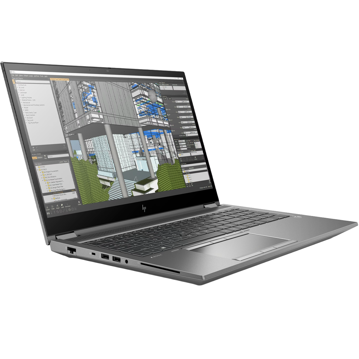 Ein Laptop zeigt ein 3D-Gebäudemodell in einer Entwurfssoftware. Grauer Laptop auf weißem Hintergrund.