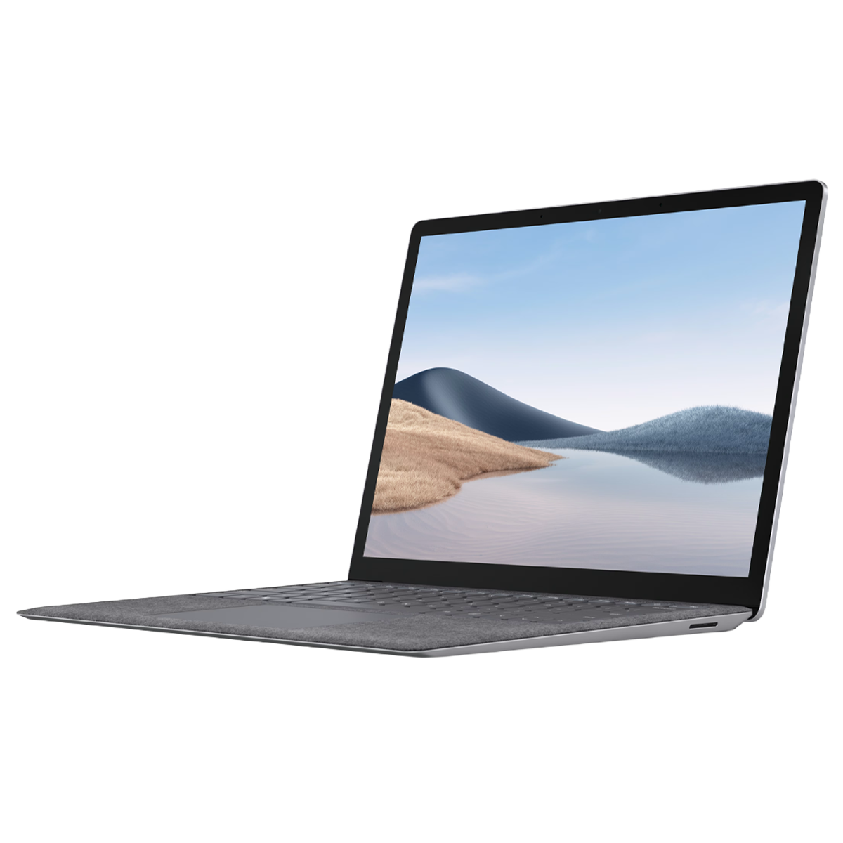 Ein graues Laptop mit einer abstrakten Landschaft auf dem Bildschirm.