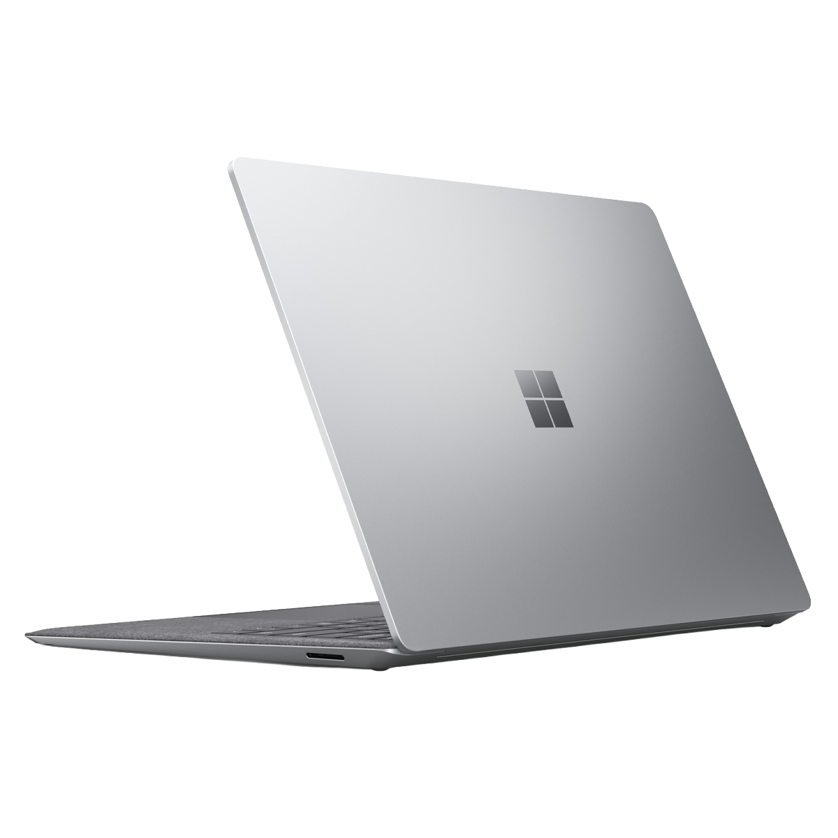 Ein silberner Laptop mit aufgeklapptem Deckel und dem Microsoft-Logo auf der Oberseite.