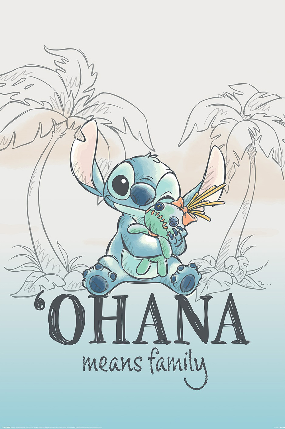 Stitch umarmt eine Puppe mit Schleife. Palmen und Text 'Ohana bedeutet Familie'.