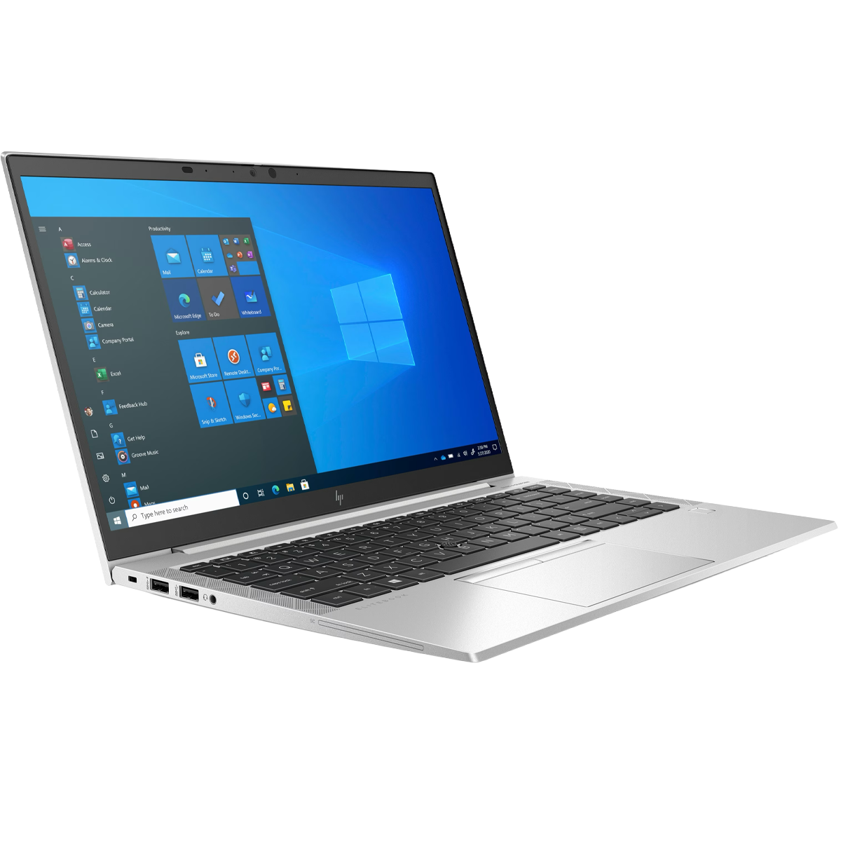 Ein silberner Laptop mit geöffnetem Bildschirm, der das Windows-Startmenü anzeigt.