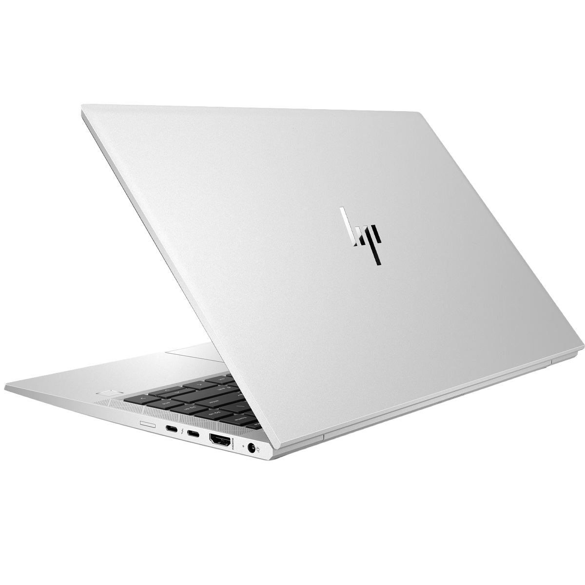 Ein silberner HP Laptop mit geöffnetem Deckel und beleuchteter Tastatur.