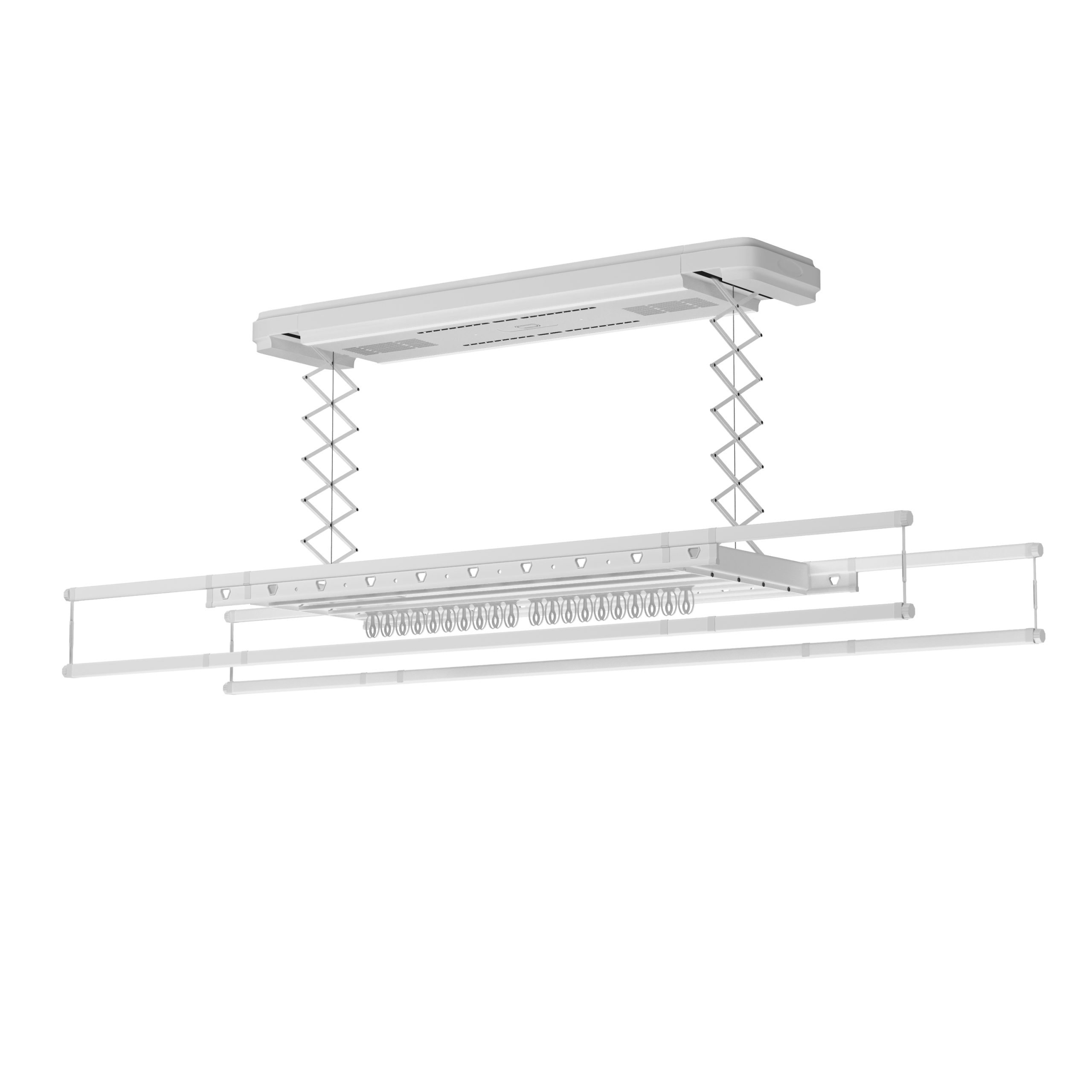Un sèche-linge électrique blanc avec barres extensibles et crochets.