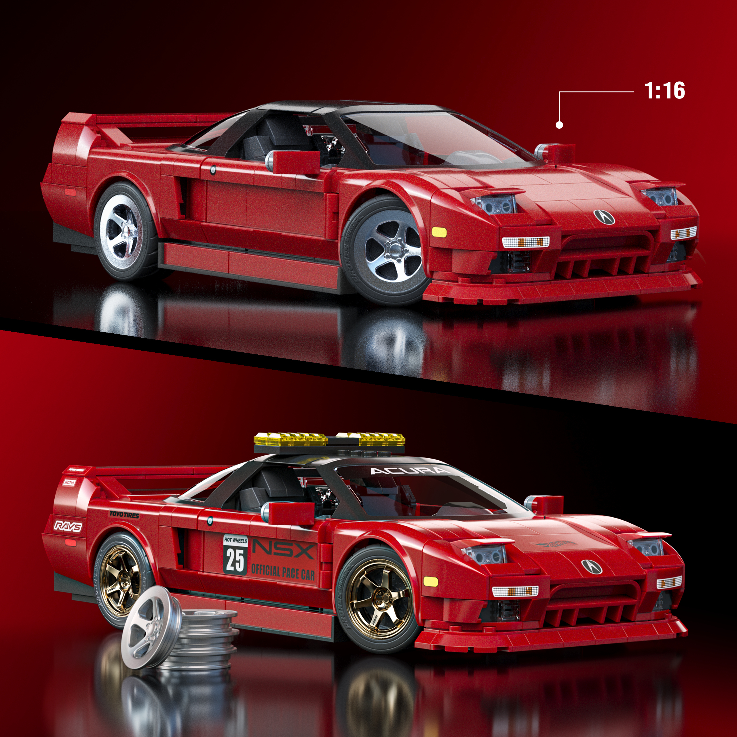Una pace car rossa LEGO Acura NSX con luci gialle e cerchi in argento.