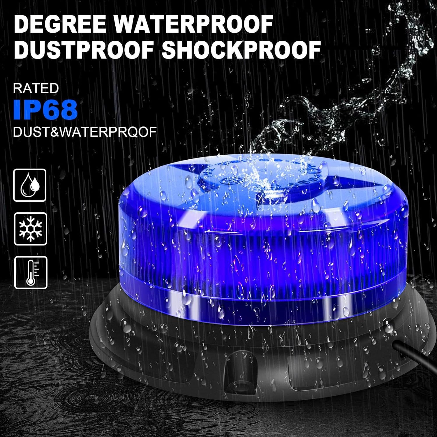Eine blaue LED-Warnleuchte mit IP68-Schutz gegen Staub und Wasser, auf nassem Untergrund.