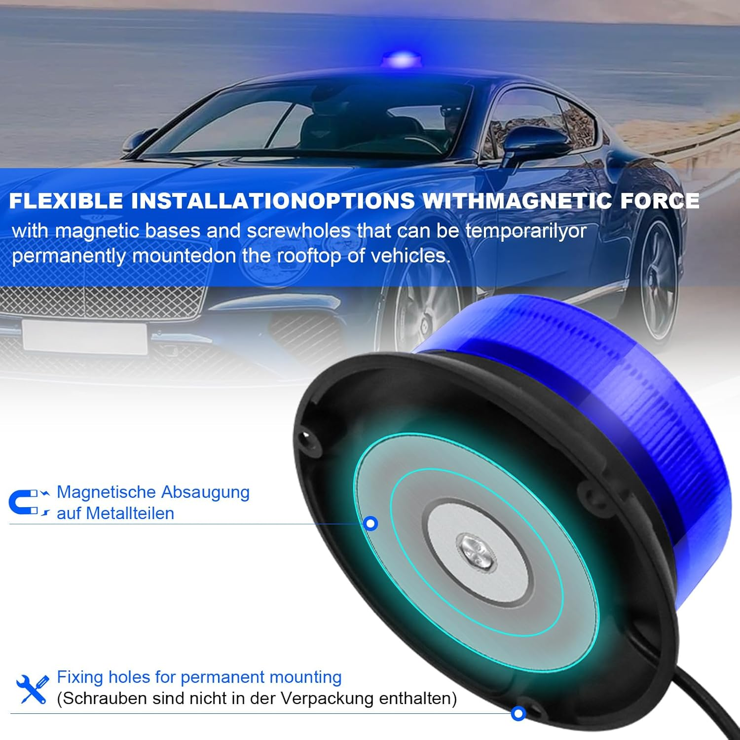 Blauer Magnetblitz auf einem Auto montiert, mit Details zur Befestigung.