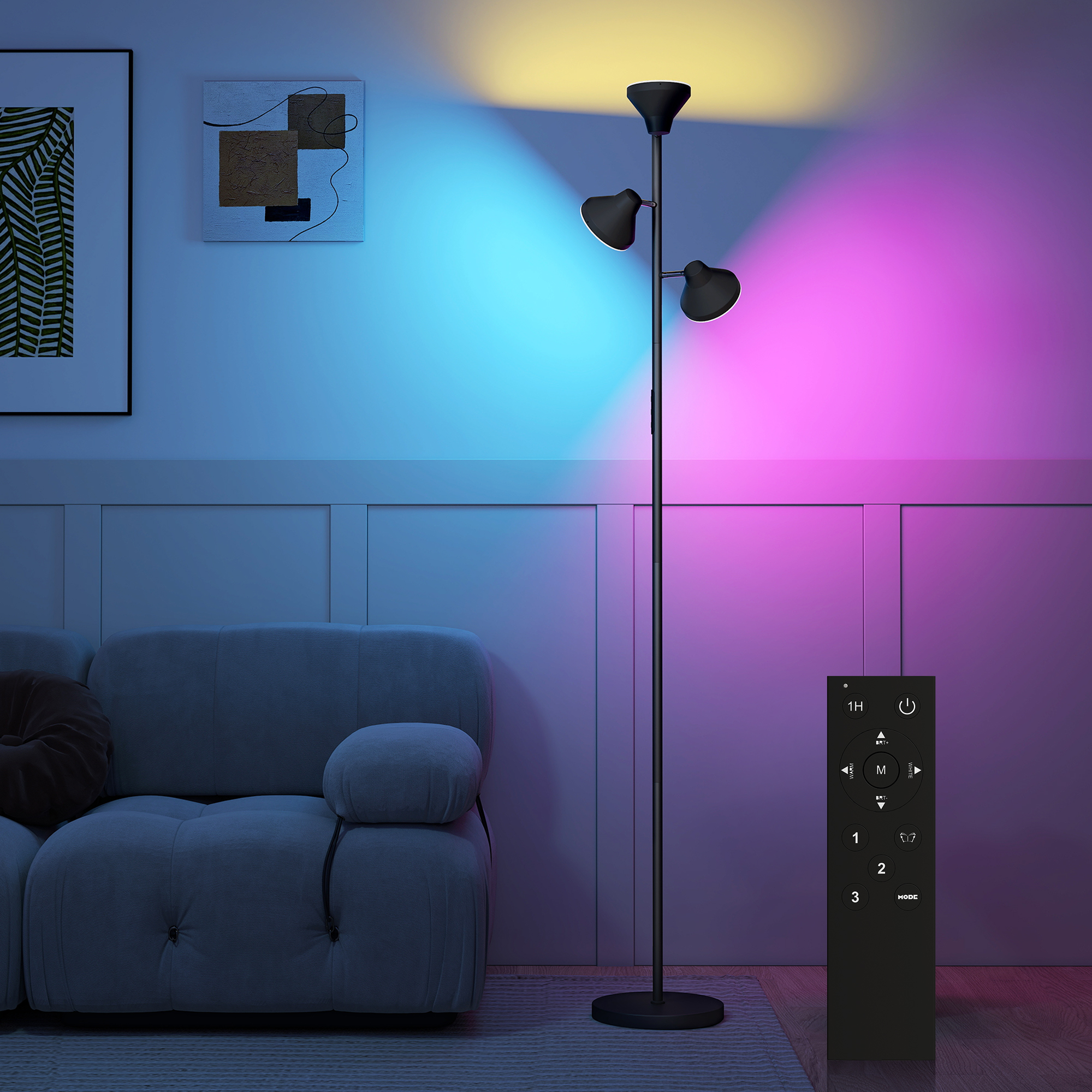 Una moderna lampada da terra a due luci illumina una parete con luce blu e rosa.