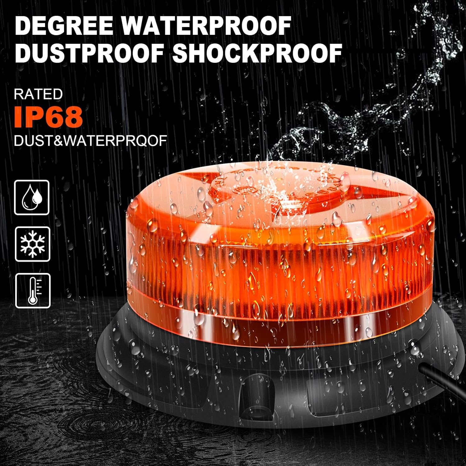 Orange Warnleuchte mit Tropfen und Schriftzug IP68.