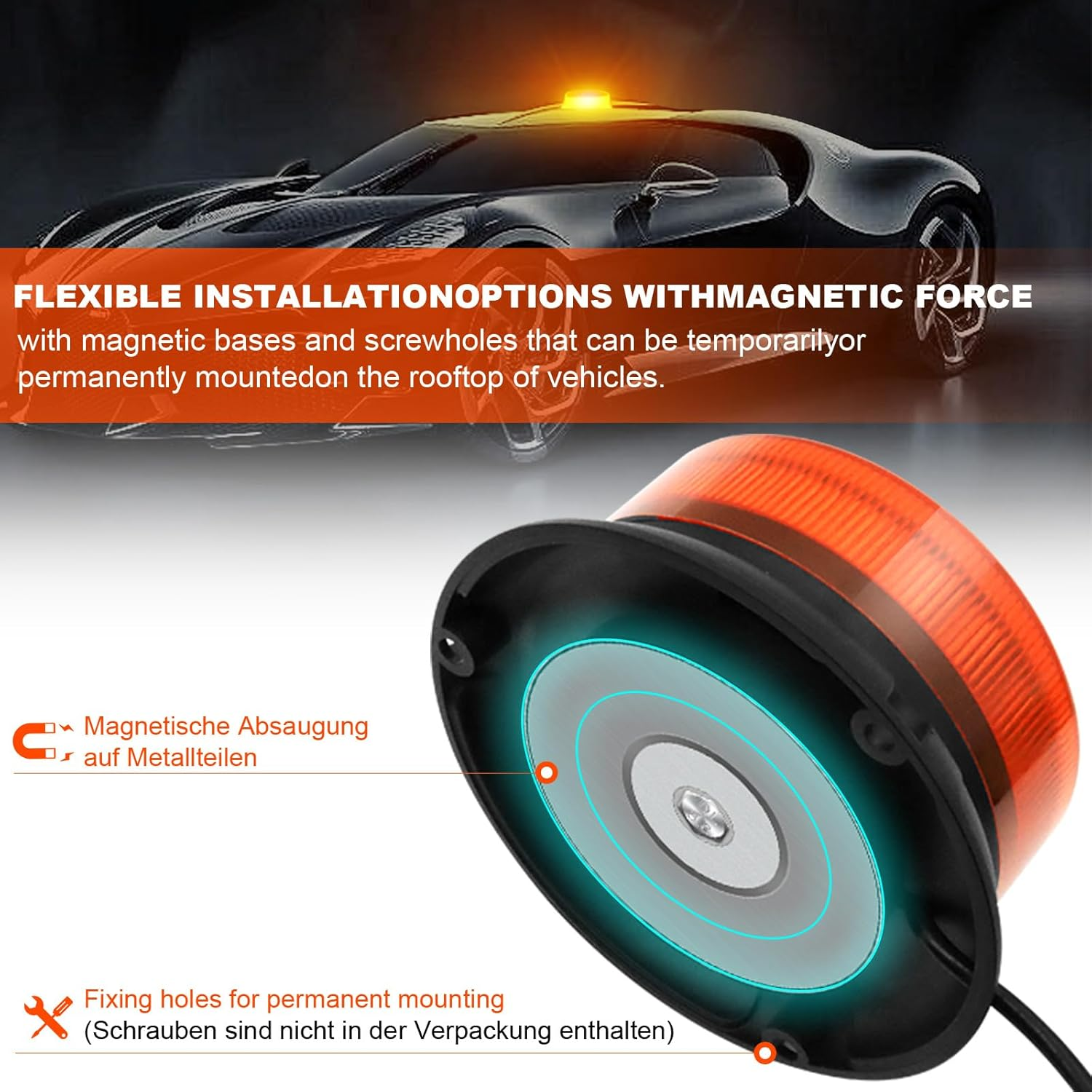 Eine orange Warnleuchte mit Magnetfuß und Befestigungslöchern auf einem Auto.
