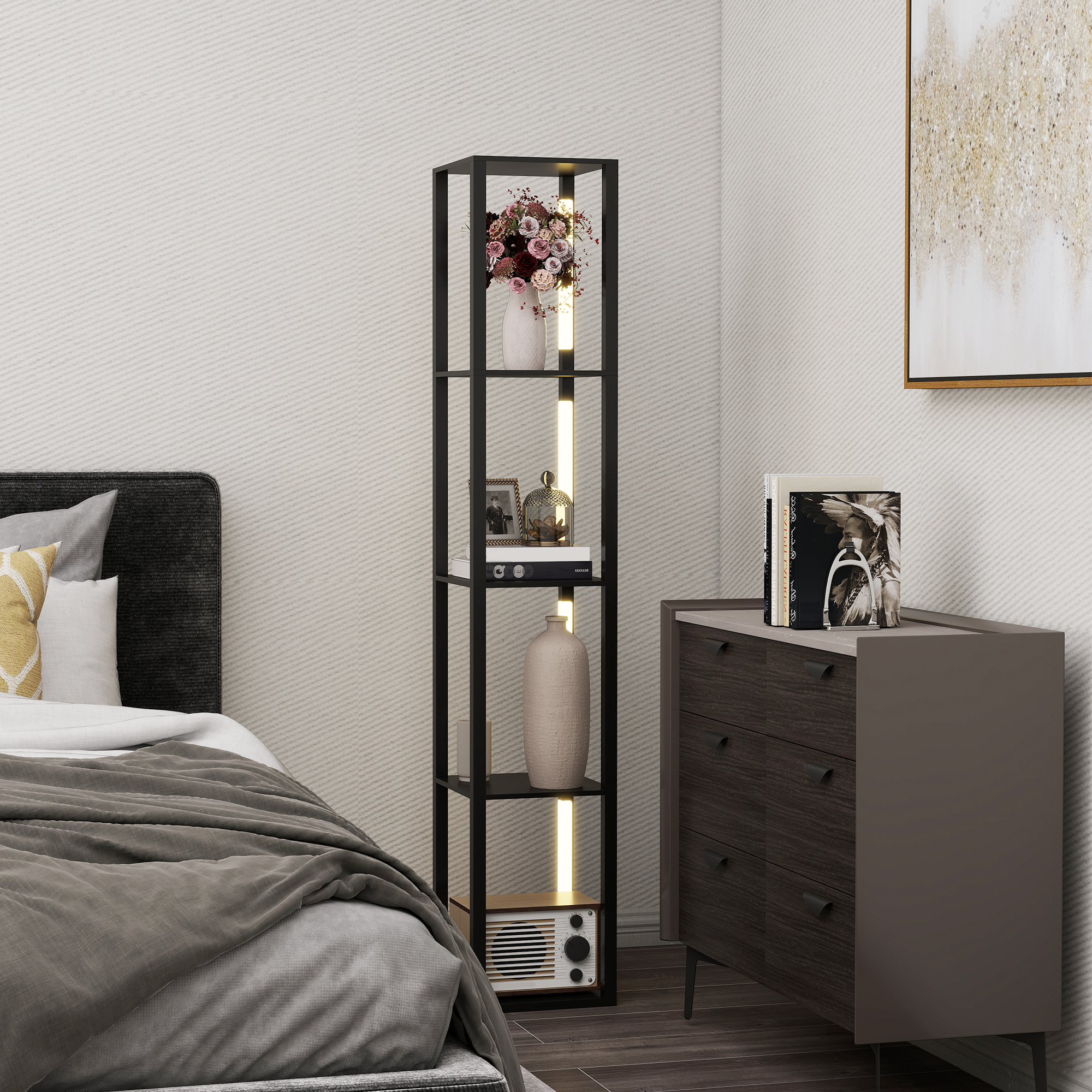 Una camera da letto con letto, scaffale nero alto con decorazioni e cassettiera.